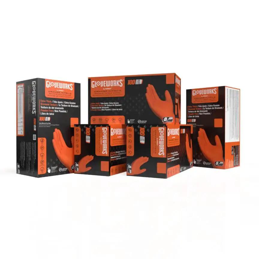 Orange Nitrile Heavy Duty Gloves 8 Mil Raised Diamond Grip Large 5 Boxes Of 100 packaging