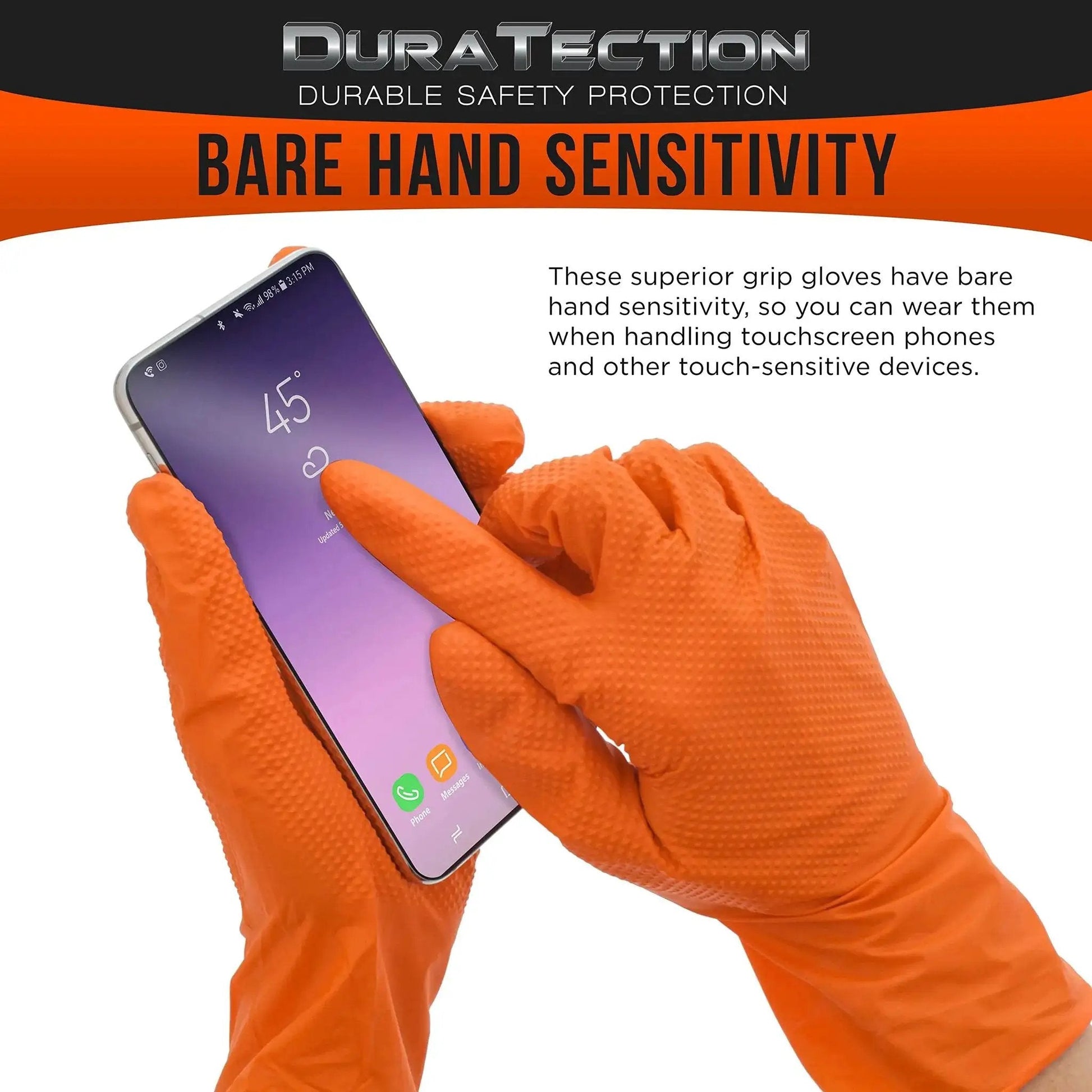 8 Mil Orange Diamond Textured Nitrile Disposable Gloves Medium 3 Boxes 100 used with smartphone for touch sensitivity demonstration