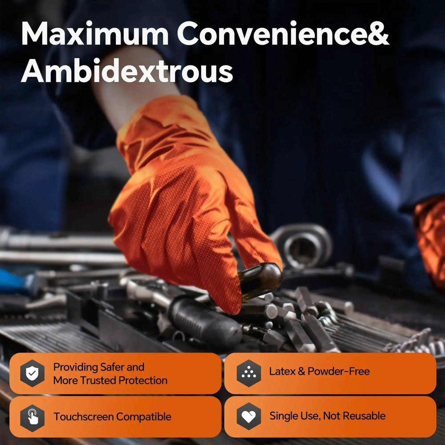 Person wearing Nitrile Disposable Gloves Diamond Textured 10mil Heavy Duty XL Mechanic Gloves holding a tool