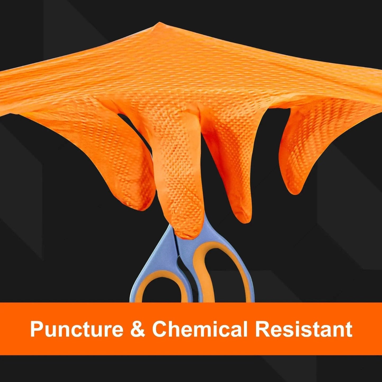 Close-up of Orange Nitrile Work Gloves 8 Mil Heavy Duty Diamond Grip Mechanic Box Of 100 showing puncture resistance with scissors.