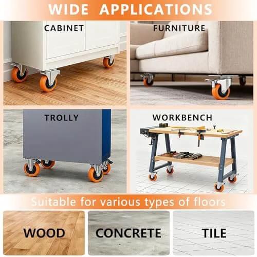 Wide applications of 2 Inch Heavy Duty Locking Caster Wheels Set of 4, Orange Polyurethane Swivel Plate Casters with Brake on furniture and workbenches