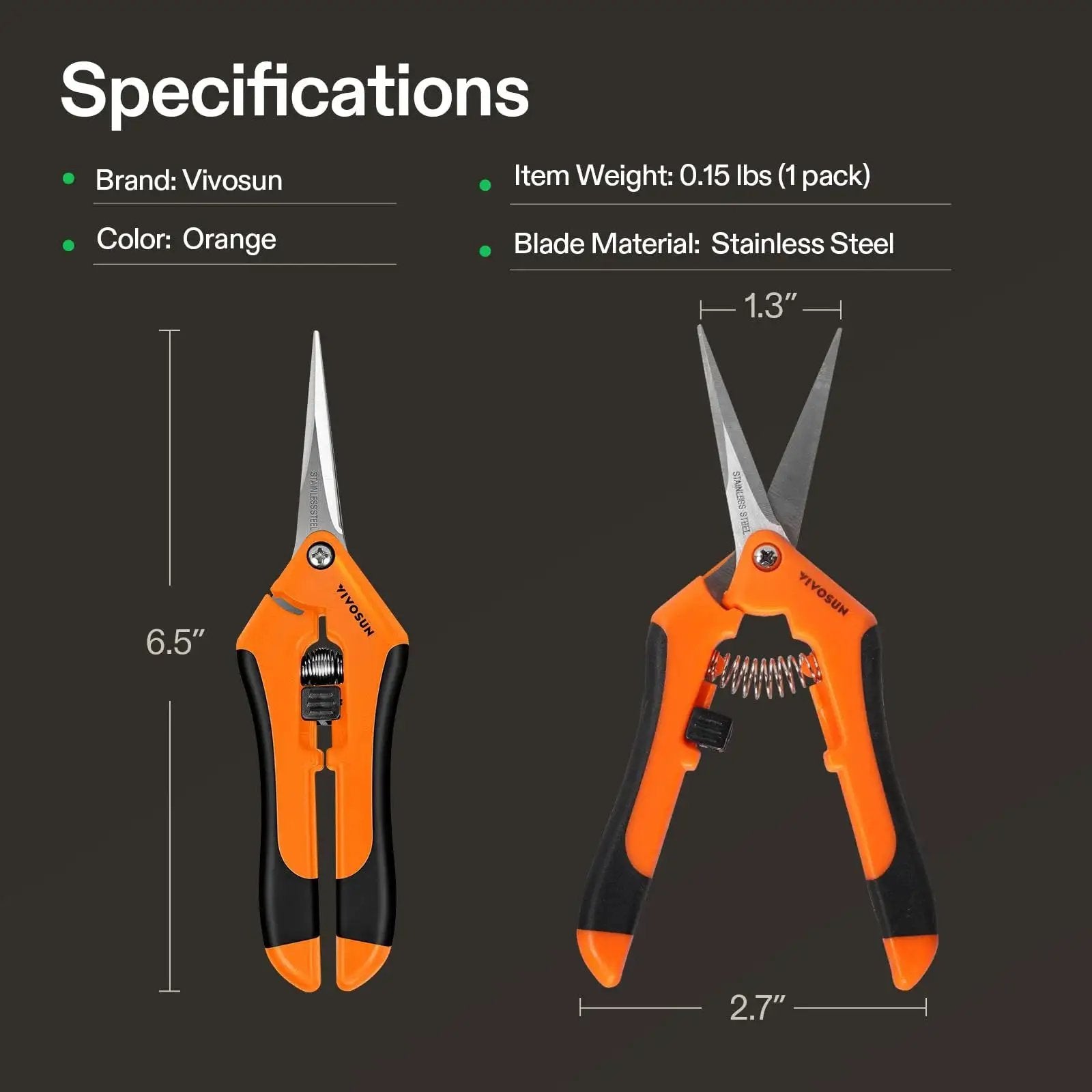 6.5 Inch Gardening Scissors Hand Pruner Pruning Shear With Straight Stainless Steel Blades Orange 1 Pack, ergonomic grip, front view