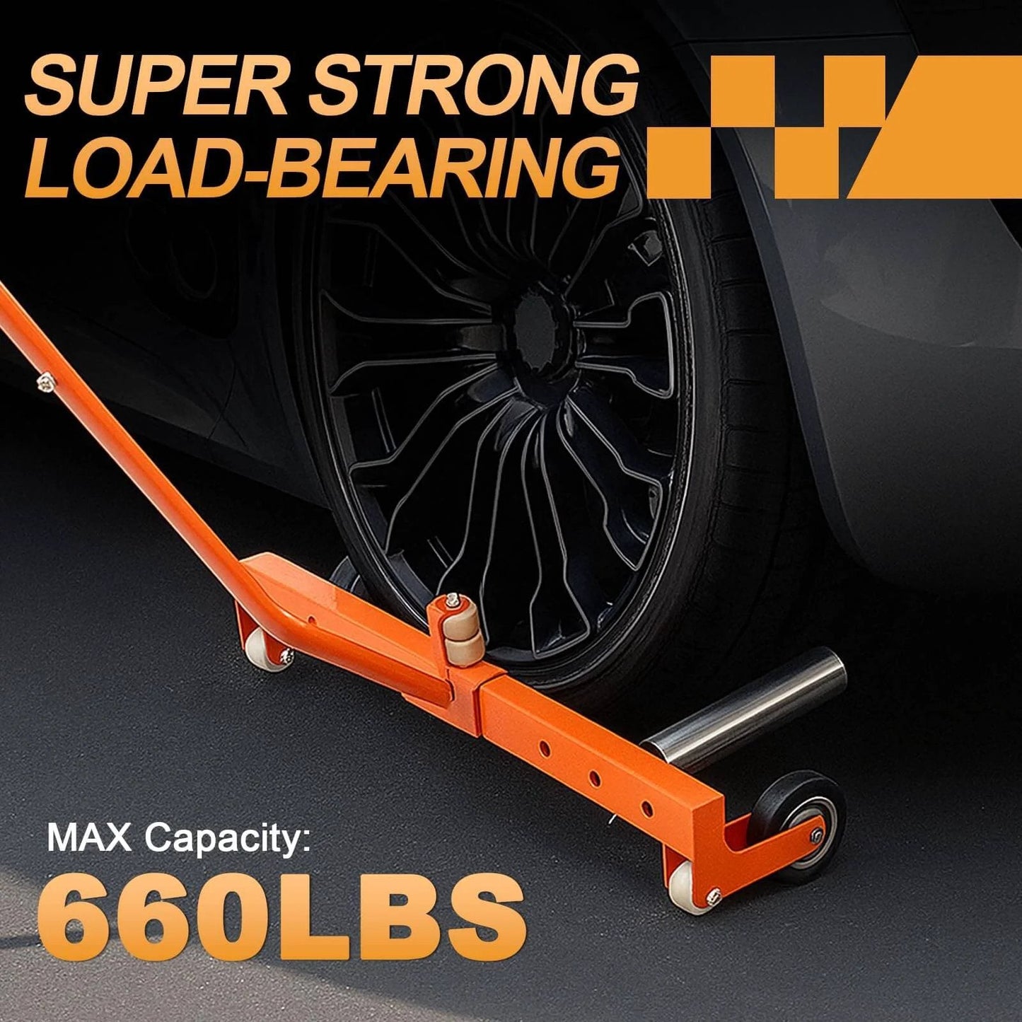 ✝️ Heavy-Duty Adjustable Tire Wheel Dolly for Workshop, Garage, Orange with 660 lbs capacity, shown under car wheel for alignment