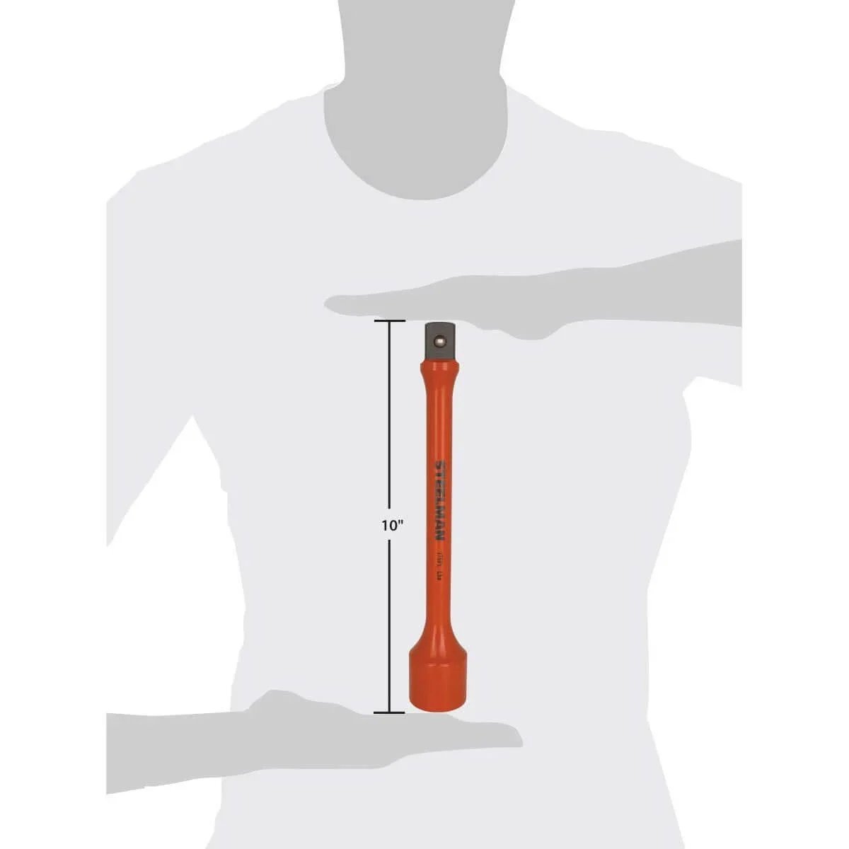 3/4-inch Drive, 175 ft-lb Torque Limiting Impact Extension, orange tool shown vertically between hands indicating 10-inch length