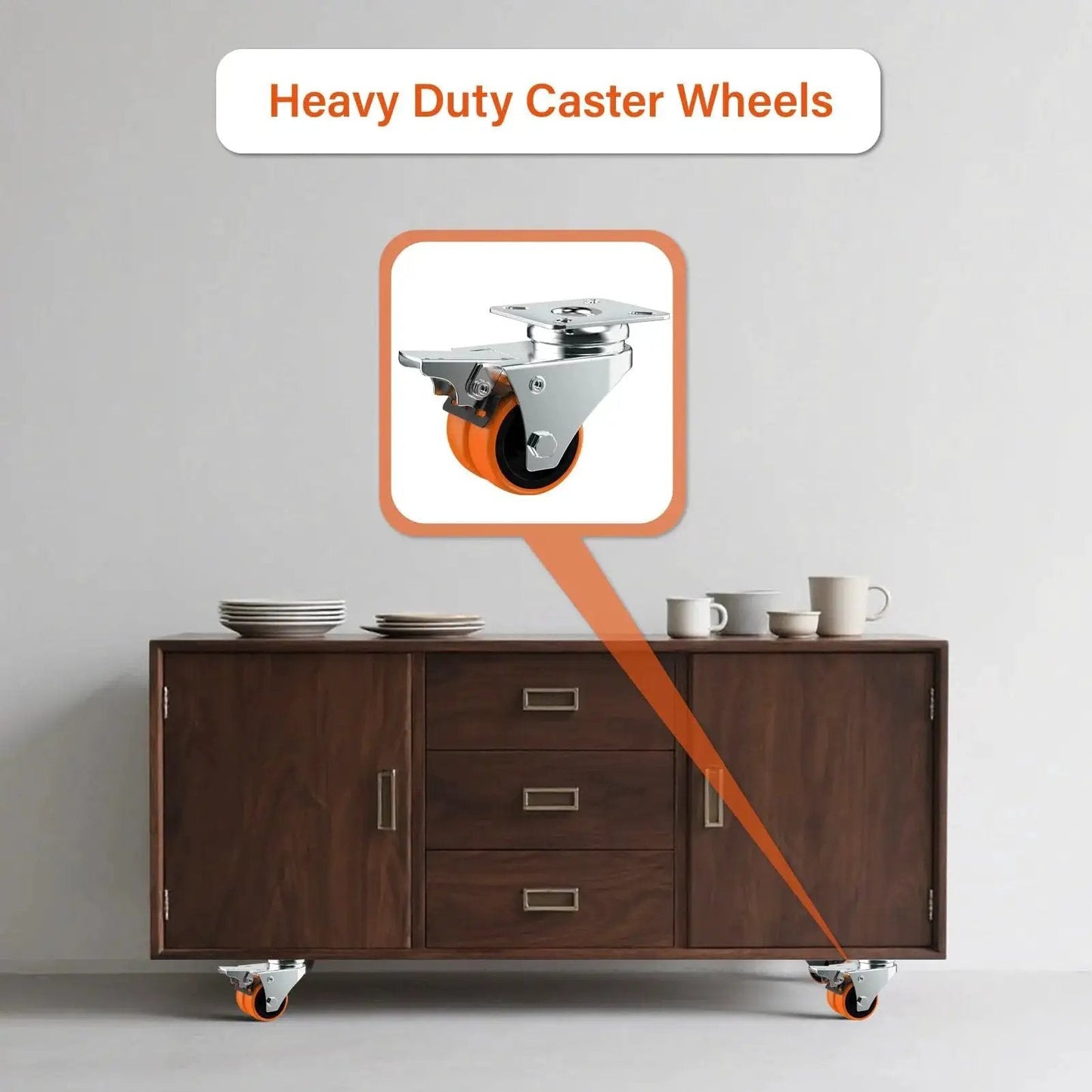 Two Wheel Casters Set Of Four Heavy Duty 2 Inch Orange TPE With Brake Double Wheel Swivel Plate Locking Castor Wheels