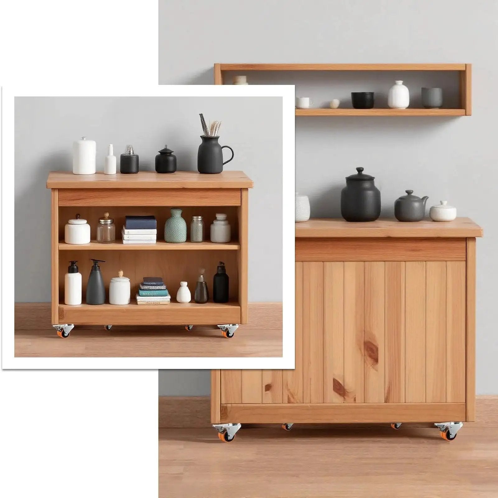 Wooden cabinet with Two Wheel Casters Set Of Four Heavy Duty 2 Inch Orange TPE With Brake Double Wheel Swivel Plate Locking Castor Wheels