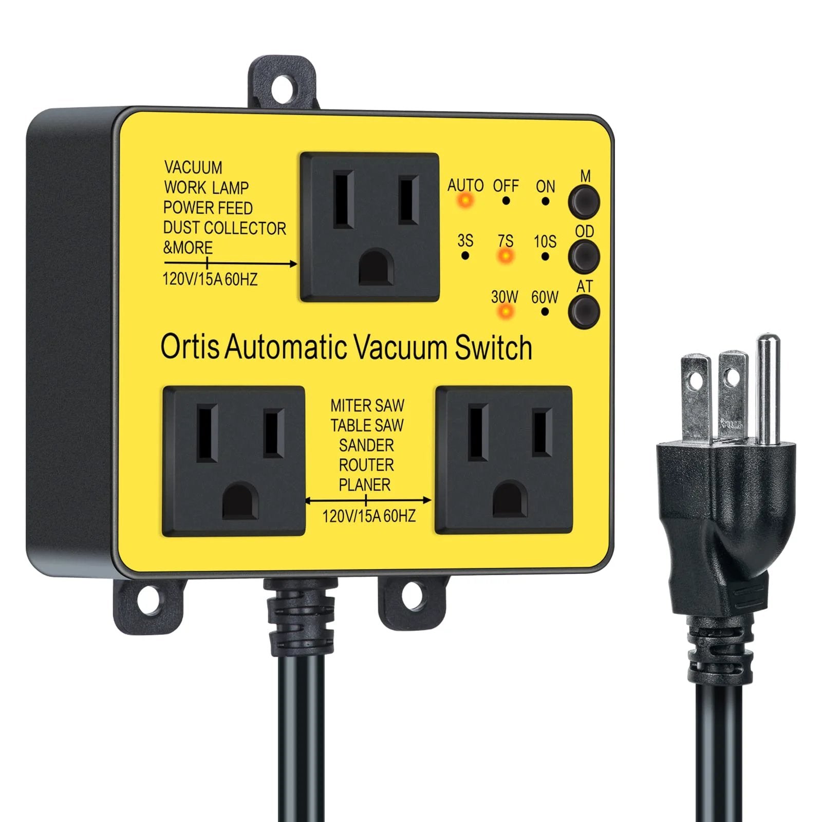 Smart Automatic Vacuum Switch With Extra Tool Outlet For More Power Tools Ortis Dust Control Autoswitch, bright yellow switch with dual outlets.