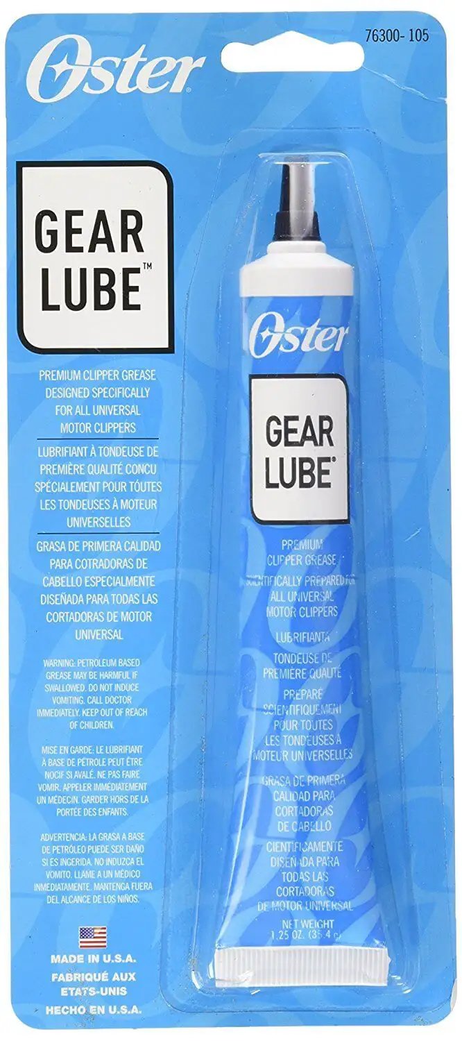 Packaging of Premium Clipper Grease for Pet Grooming by Oster Gear Lube, Universal Motor Clippers Lubricant, 1.25 Ounces, Made in the USA