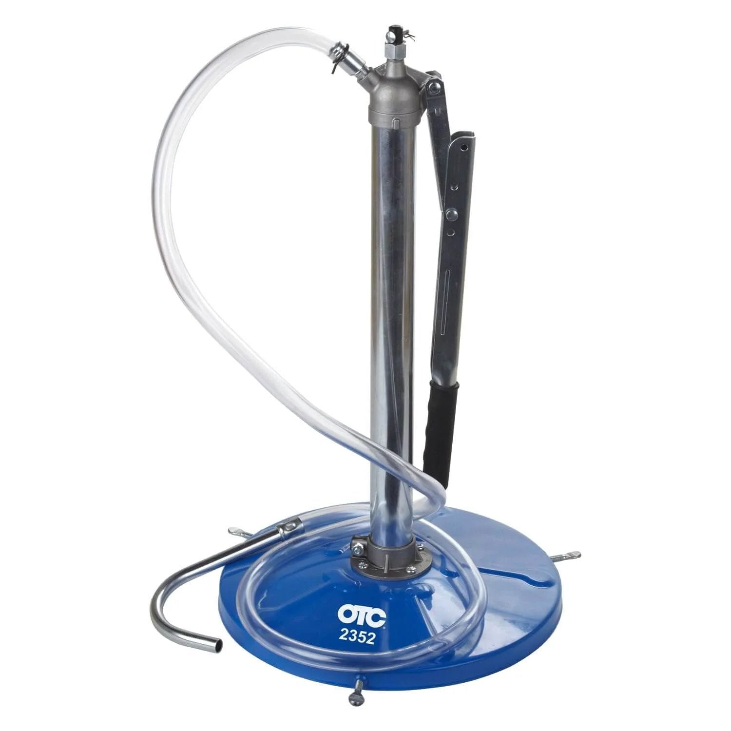 OTC 2352 Lever Action Bucket Pump with steel discharge spout and hose on blue 12" drum cover for 5-gallon pails
