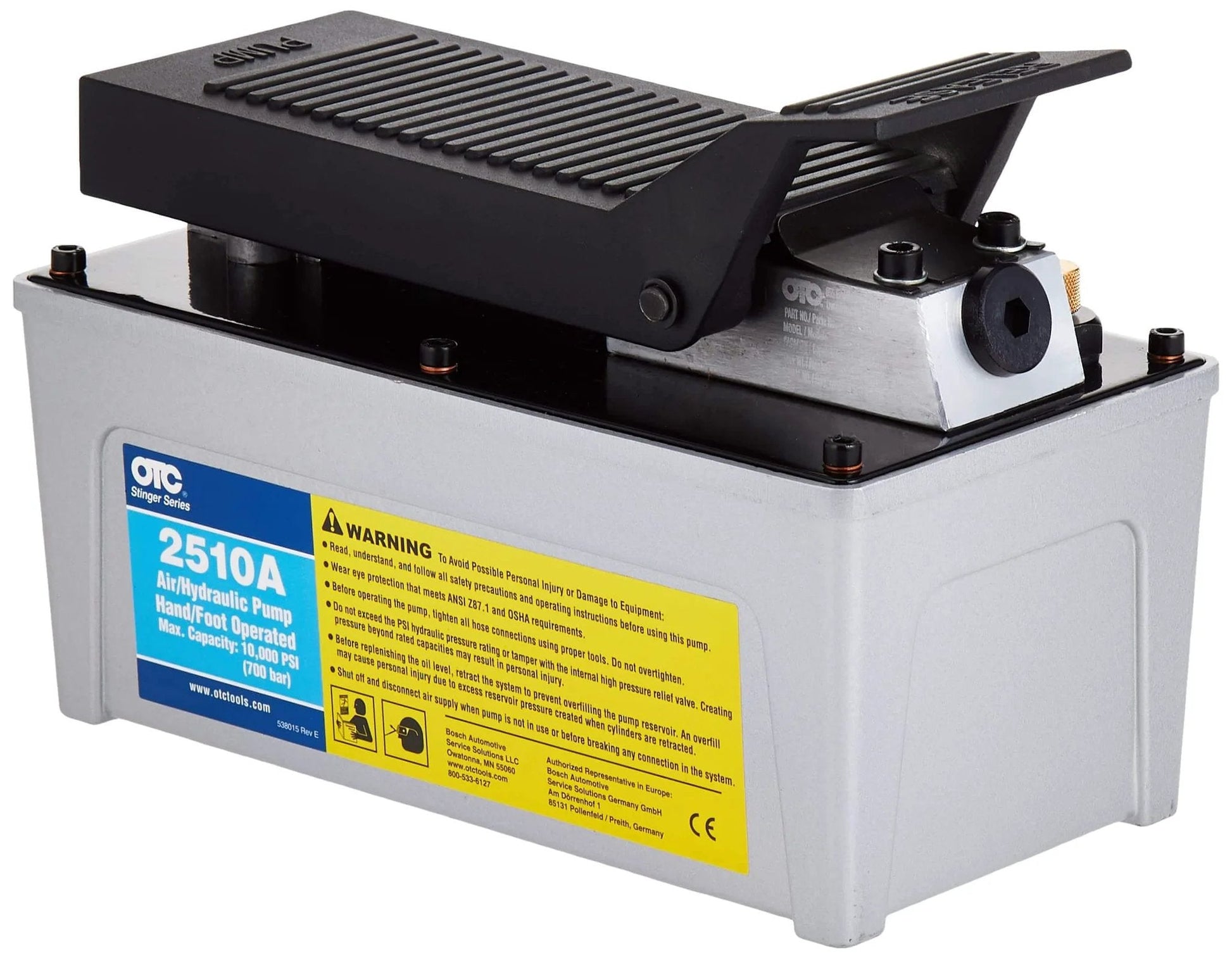 OTC 2510A Stinger 10,000 PSI Foot Operated Air/Hydraulic Pump for Rams, Presses, & Hydraulic Pullers, CHROME, on a white background.