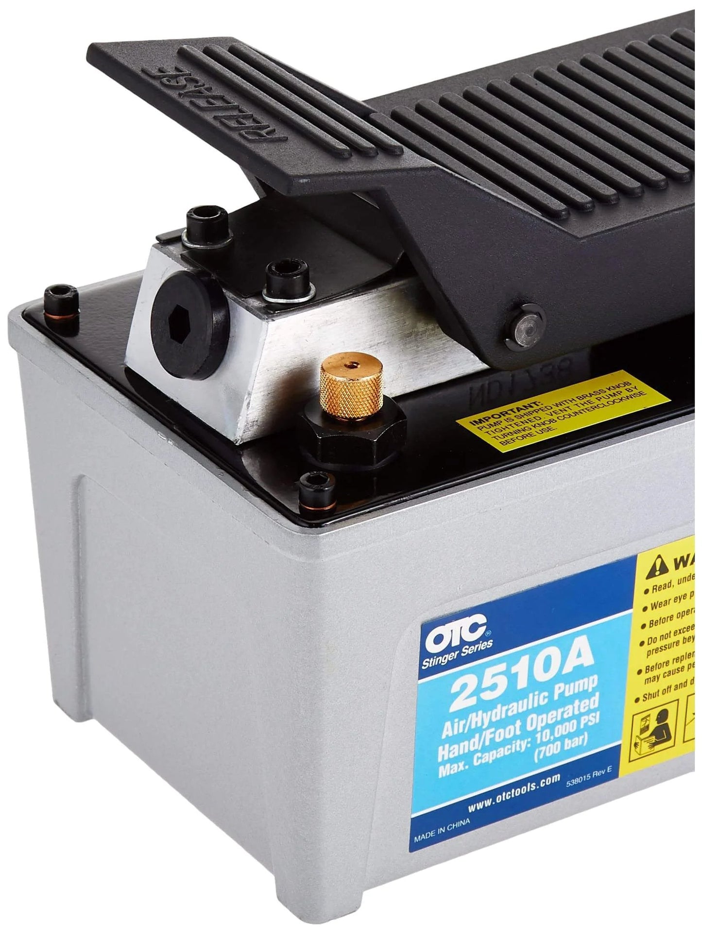 OTC 2510A Stinger 10,000 PSI Foot Operated Air/Hydraulic Pump in chrome, close-up of foot pedal and label.