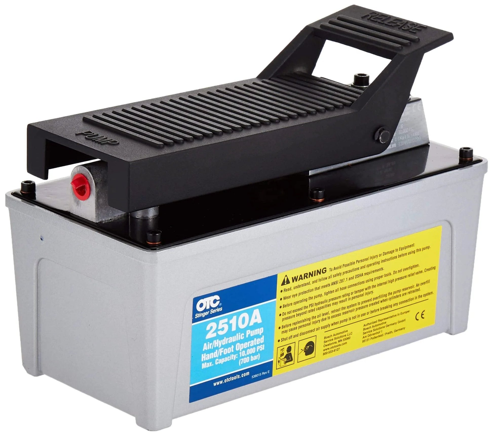 OTC 2510A Stinger 10,000 PSI Foot Operated Air/Hydraulic Pump for Rams, Presses, & Hydraulic Pullers, CHROME, side view