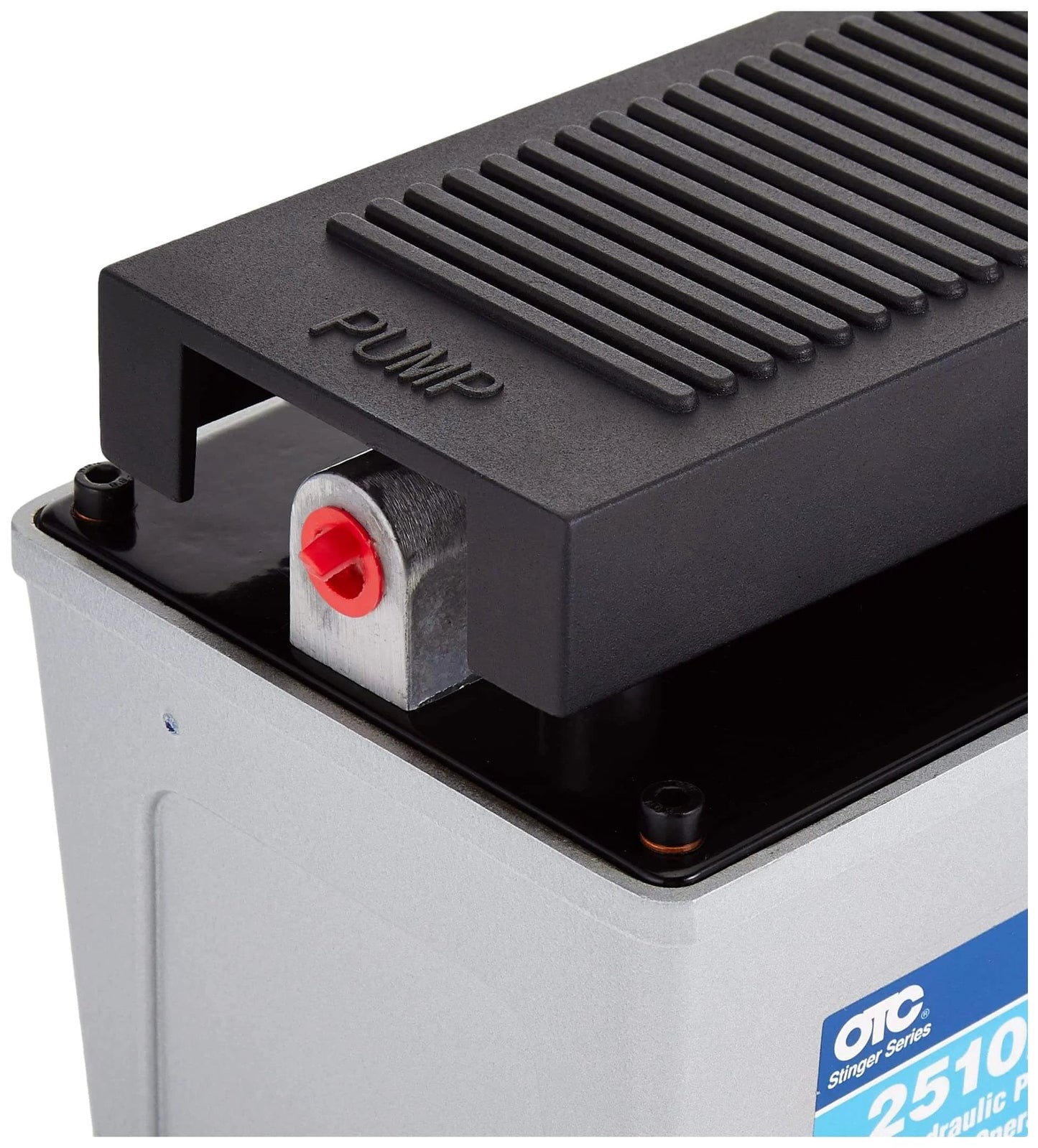Close-up of OTC 2510A Stinger 10,000 PSI Foot Operated Air/Hydraulic Pump for Rams, Presses, & Hydraulic Pullers, CHROME.