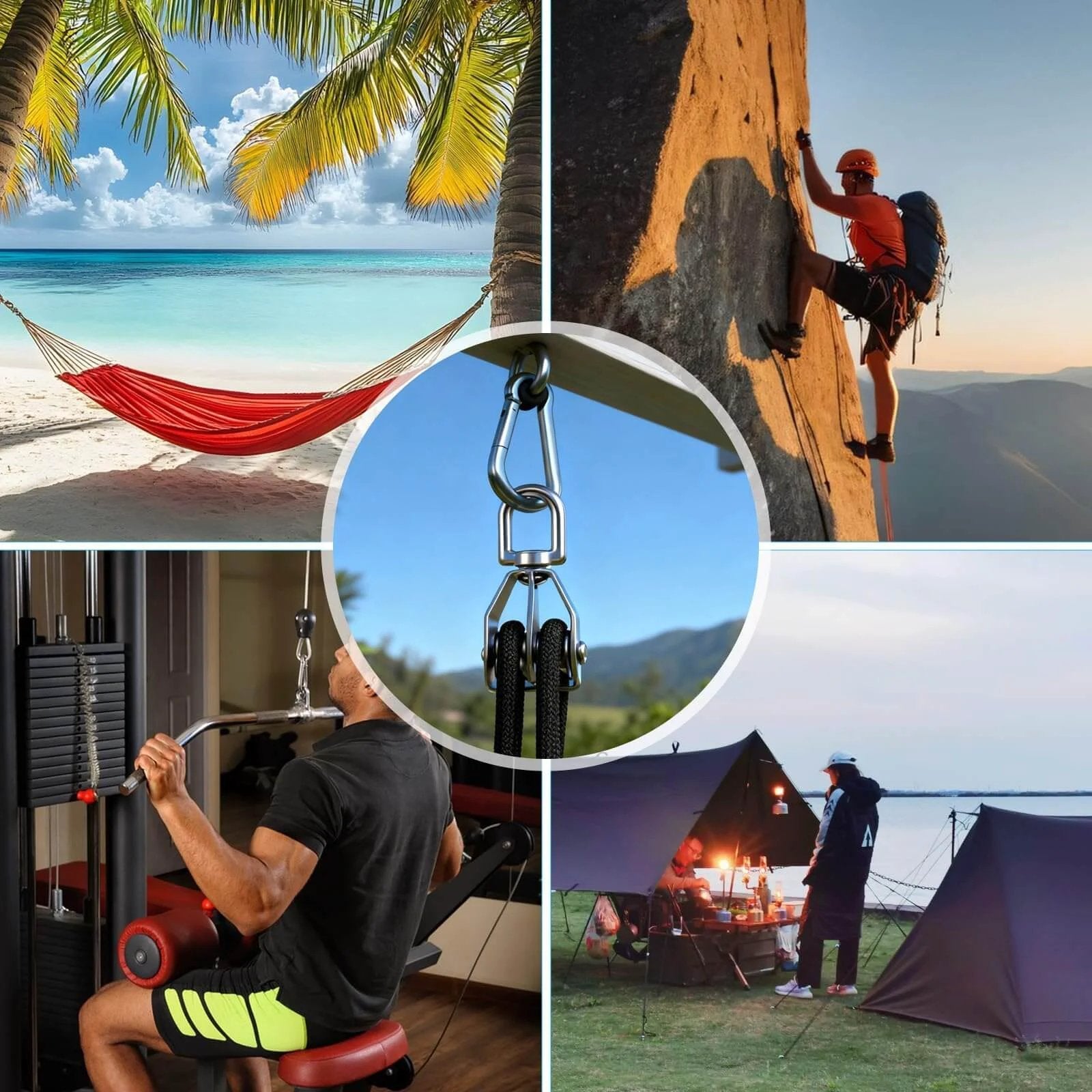 Collage with beach hammock, rock climber, pulley block system, man exercising, and campsite with tents near a lake