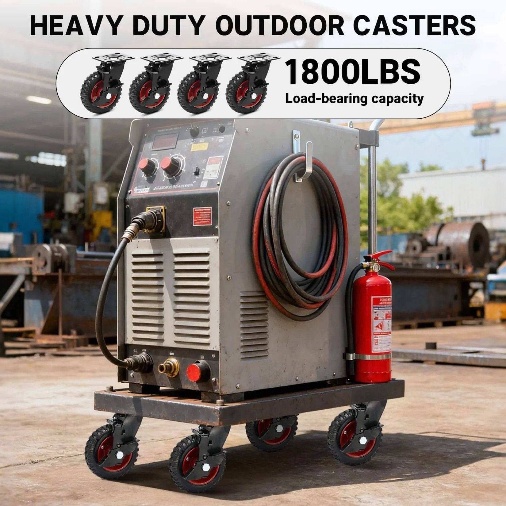 6 Inch Outdoor Heavy Duty Caster Wheels Set of 4 with Brakes, supporting a heavy machine, industrial setting