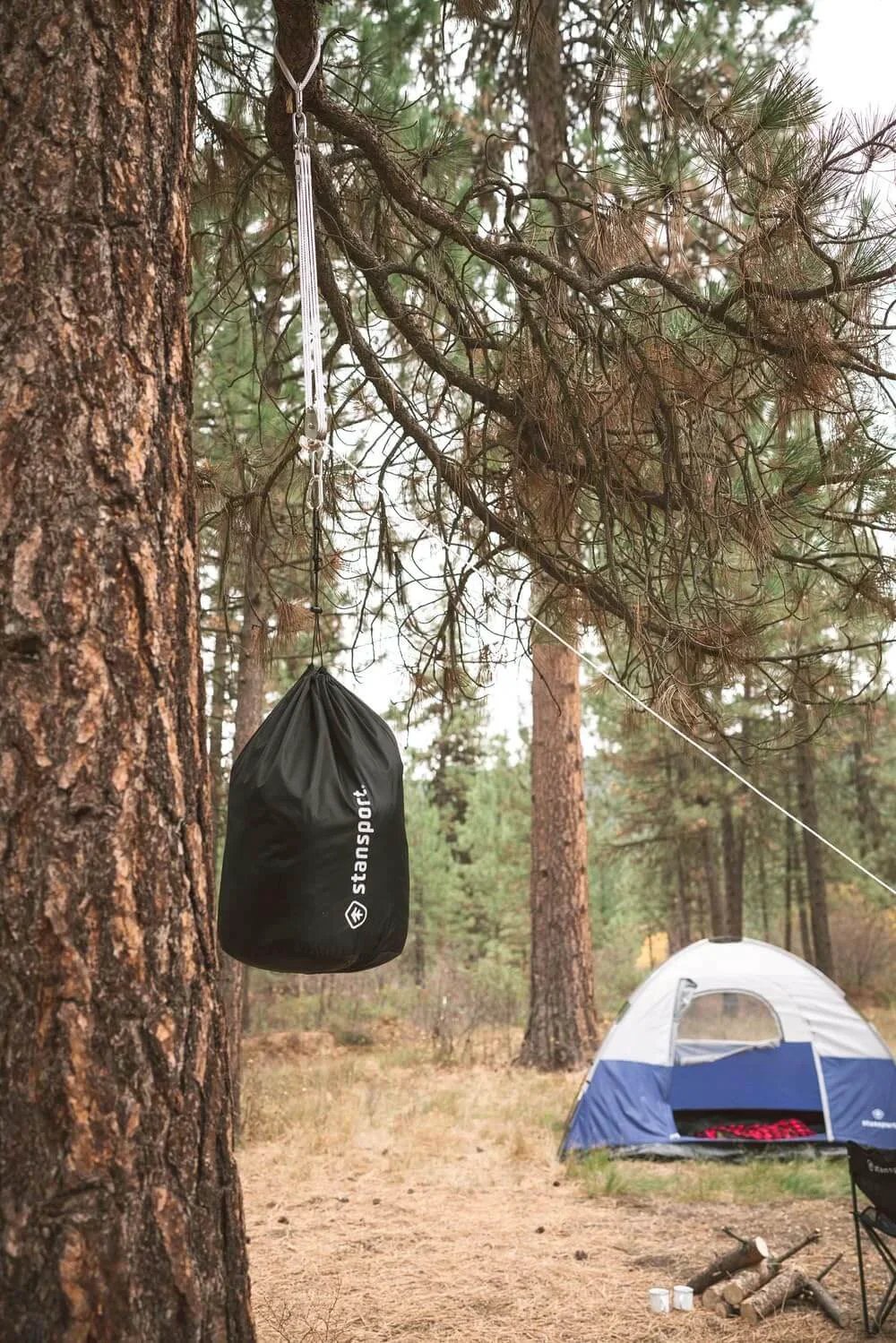 Heavy Duty Indoor Outdoor Pulley Hoist With Chromed Pulleys Polypropylene Rope 440 Lb Capacity 65 Ft hanging from tree