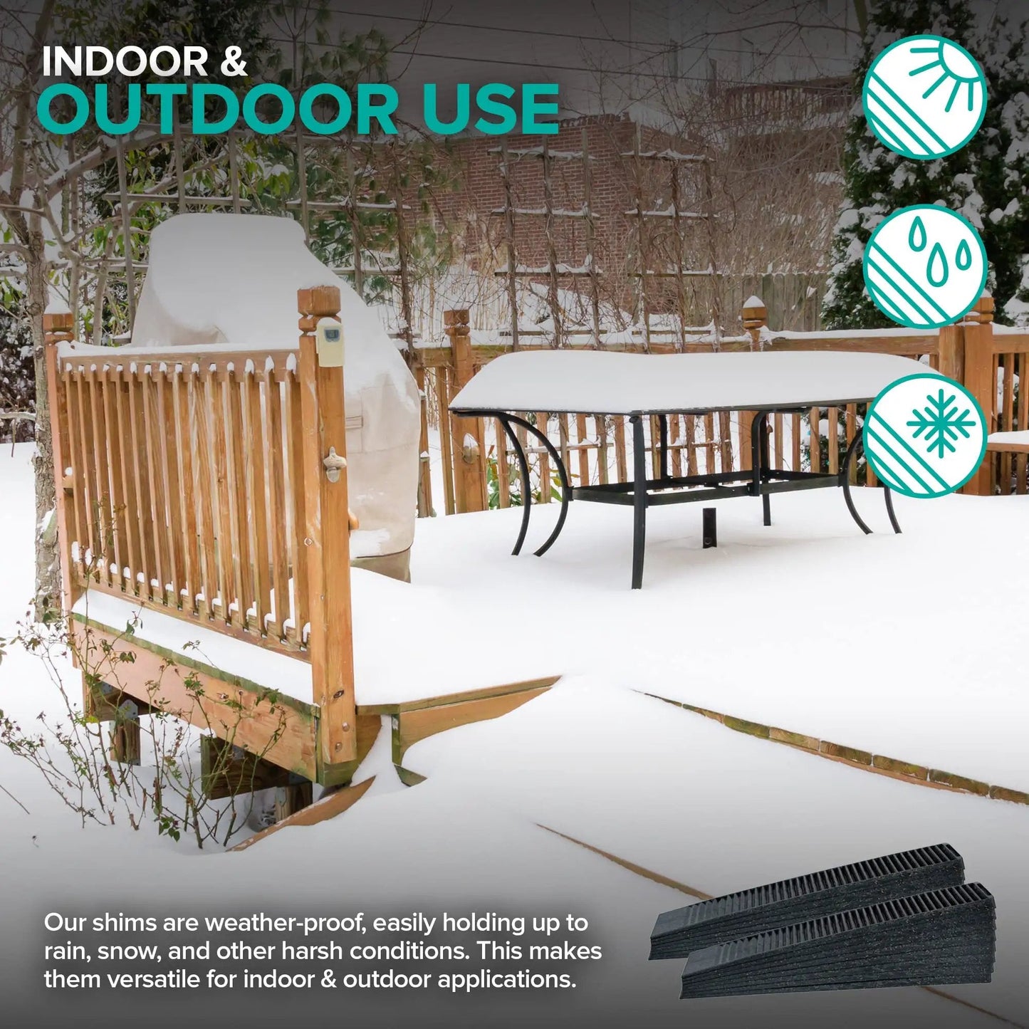 Outdoor deck with snow-covered furniture and stack of Heavy Duty Composite Shims 12 Pack For Home Improvement And Leveling Never Rot Indoors Or Outdoors.