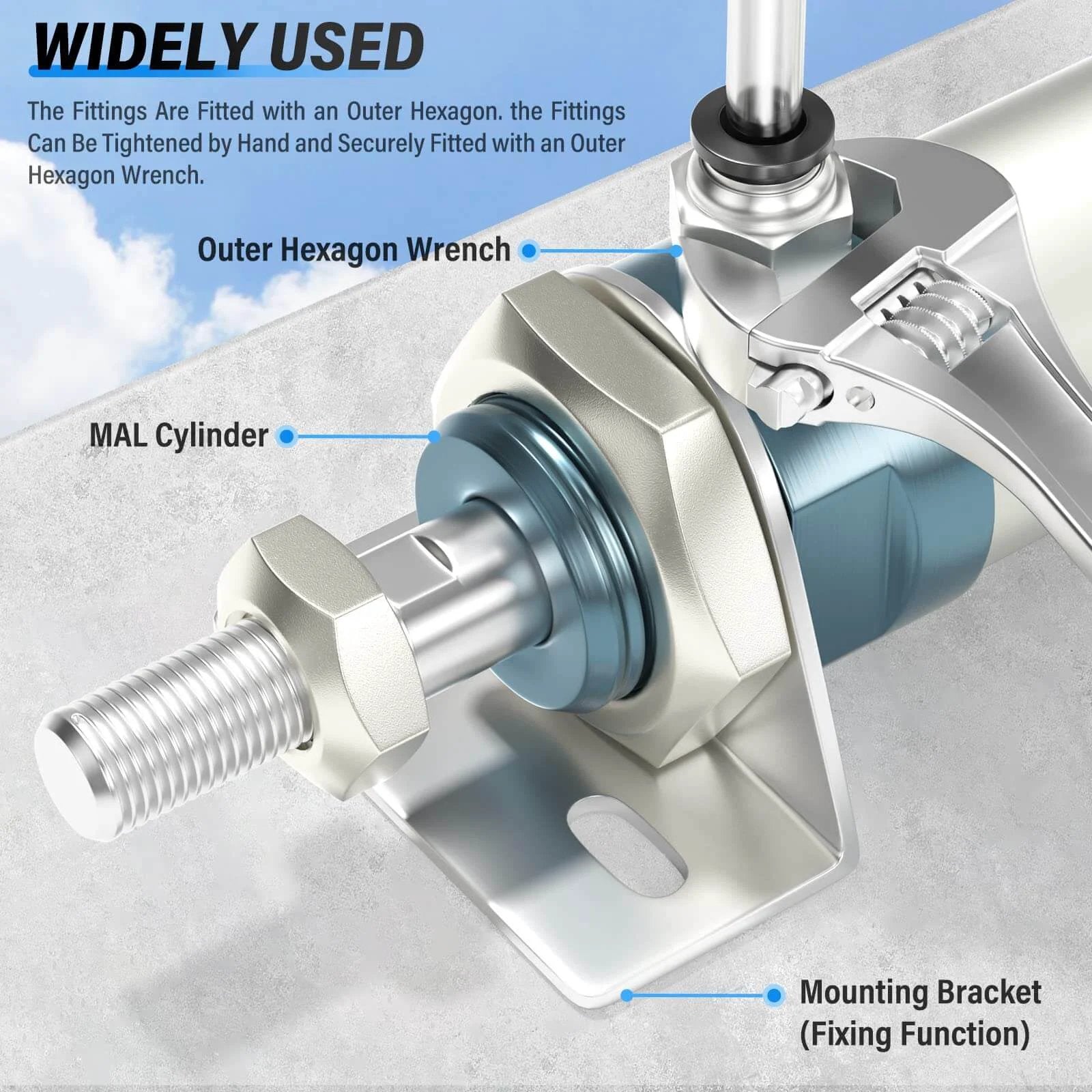 Close-up of a pneumatic mounting bracket setup with outer hexagon wrench and MAL cylinder, focusing on fixing function.