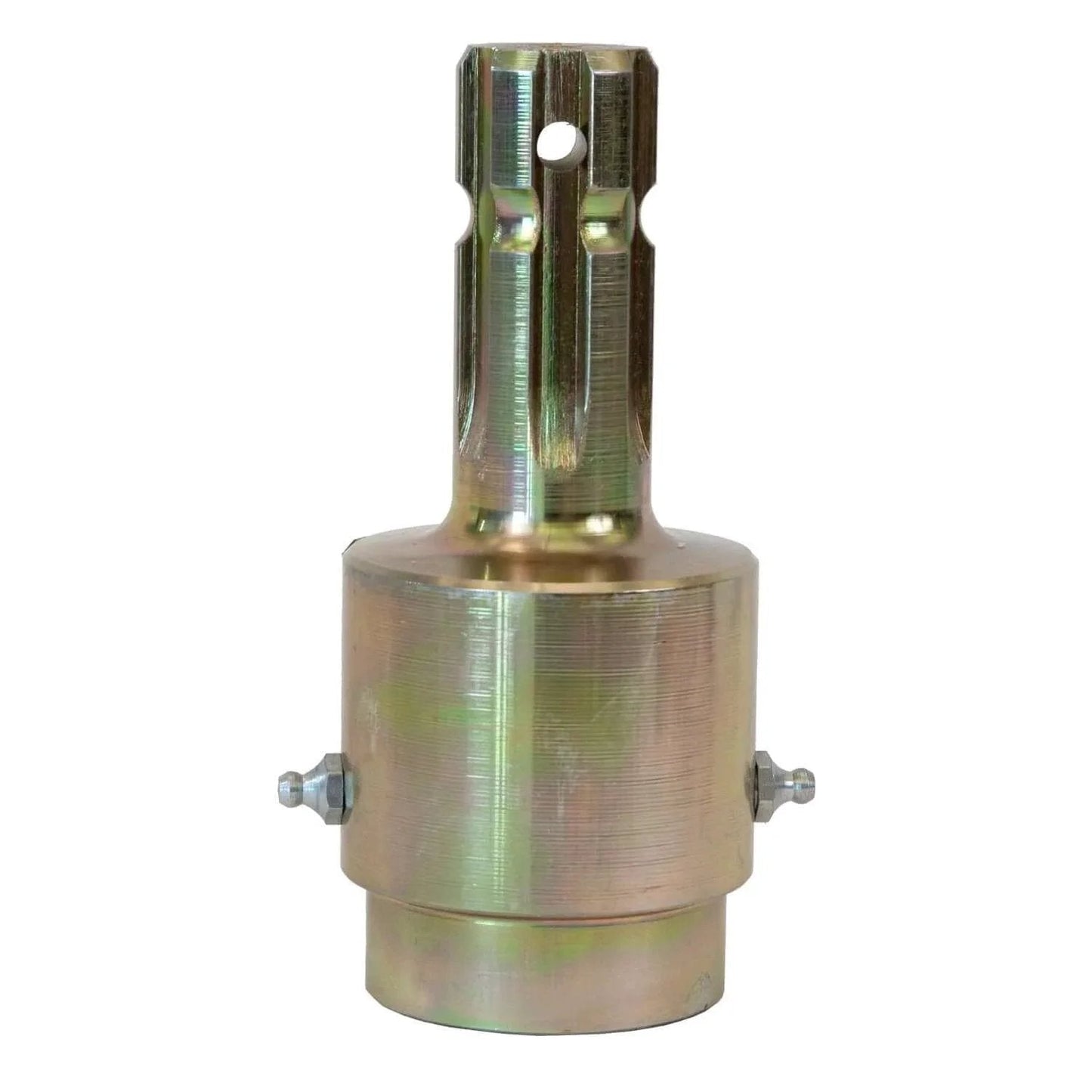 Front view of Over Running Clutch 1000 RPM Maximum with 1-3/8 by 6-Inch Male Spline and 1-1/8 by 6-Inch Female Spline in yellow zinc.
