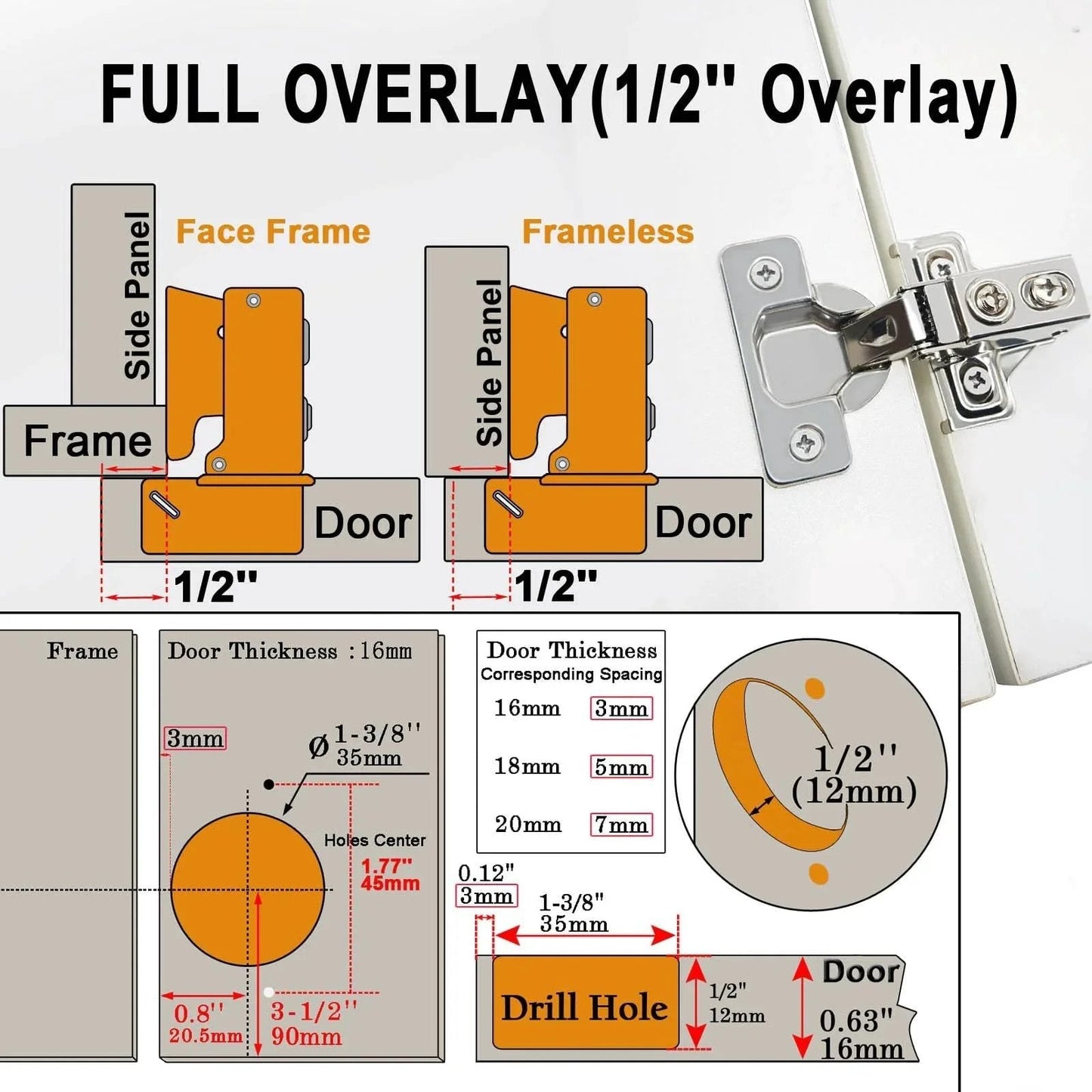 Diagram of 24 Pack Half Inch Overlay Soft Close Cabinet Hinges for frameless and face frame cabinets with measurements