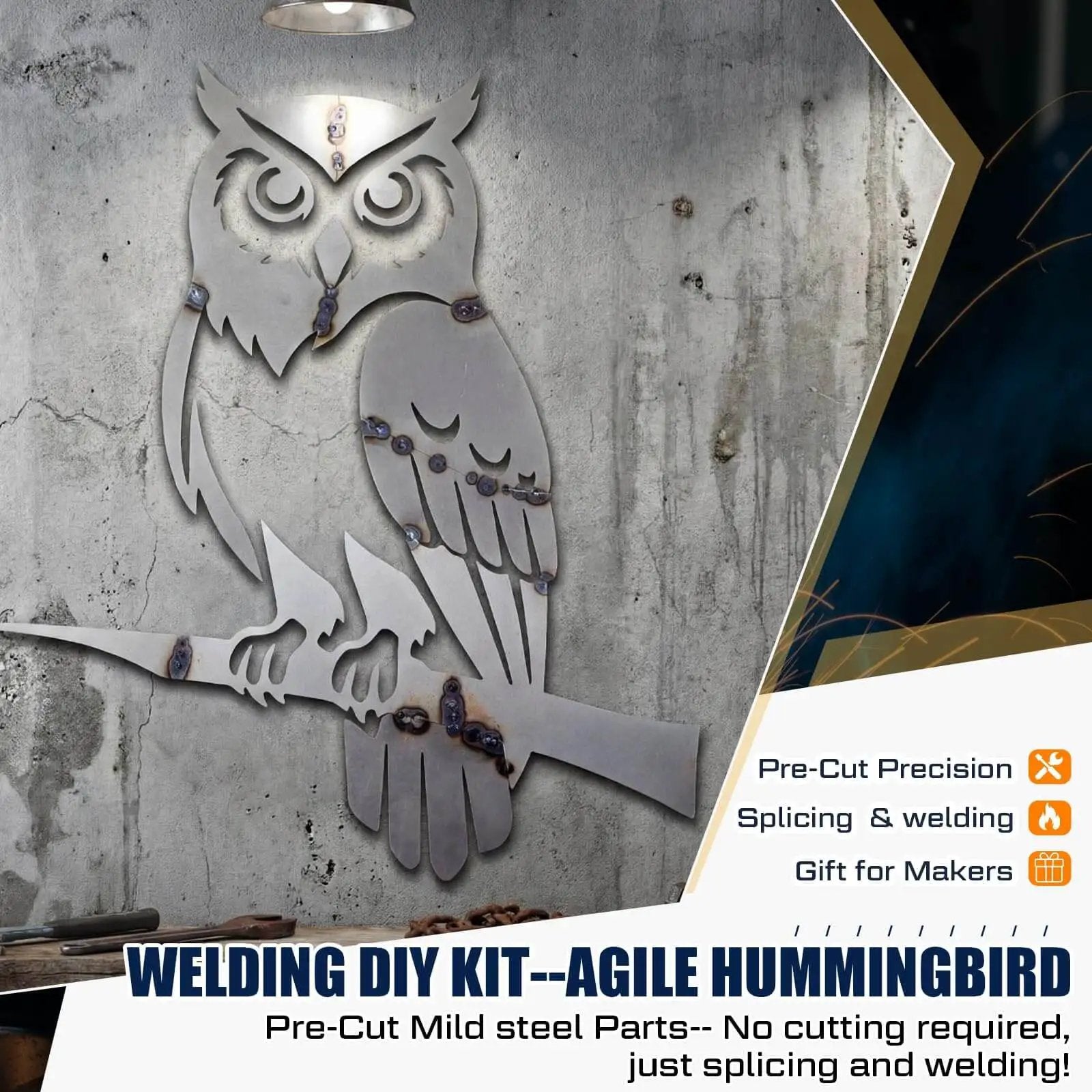 Owl Welding Practice Kit For Beginners By ElaraBerry mounted metal owl decor piece on wall, ideal for TIG MIG welding practice.