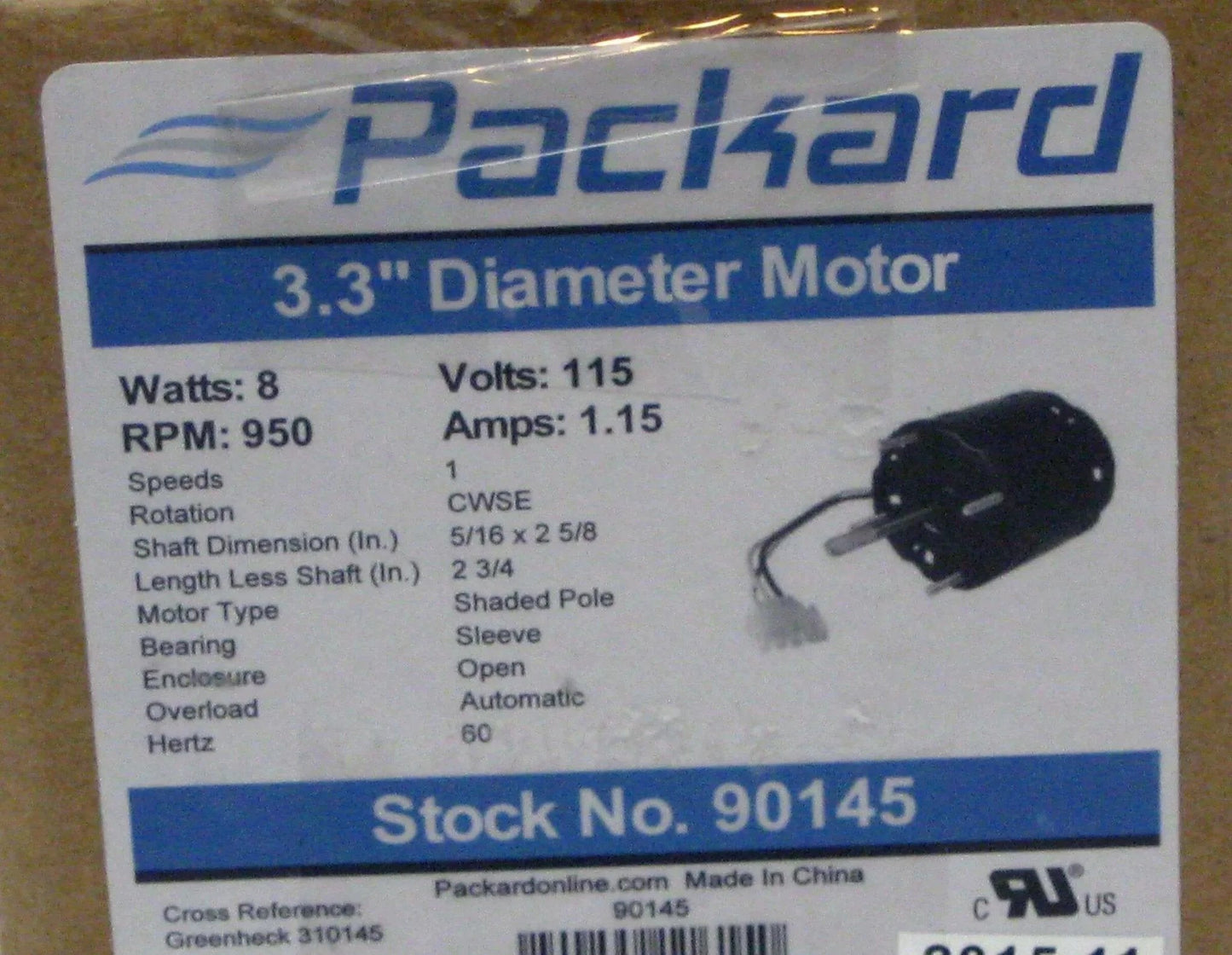 Packard 90145 Motor for Greenheck 310145, 8 Watt, 115/60 Volts, 950 RPM, CWSE on packaging label