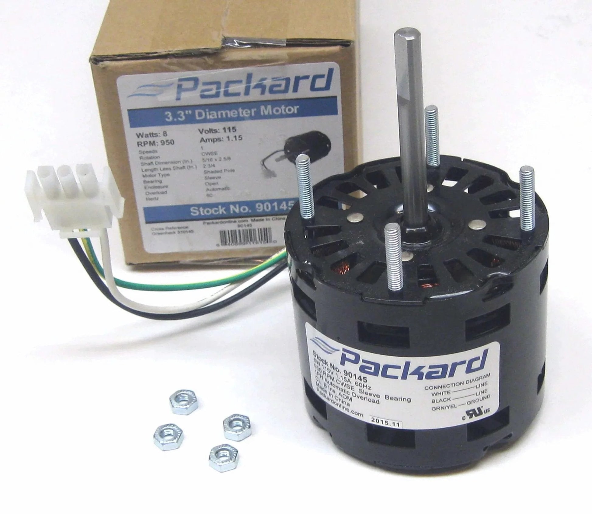 Packard 90145 Motor for Greenheck 310145, 8 Watt, 115/60 Volts, 950 RPM, CWSE, with box and wiring components.