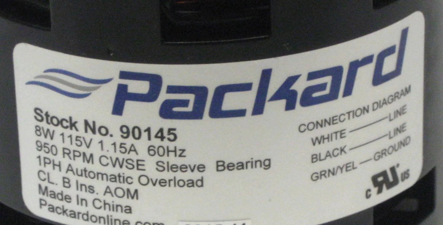 Label on Packard 90145 Motor for Greenheck 310145 detailing 8 Watt, 115/60 Volts, 950 RPM, CWSE specifications