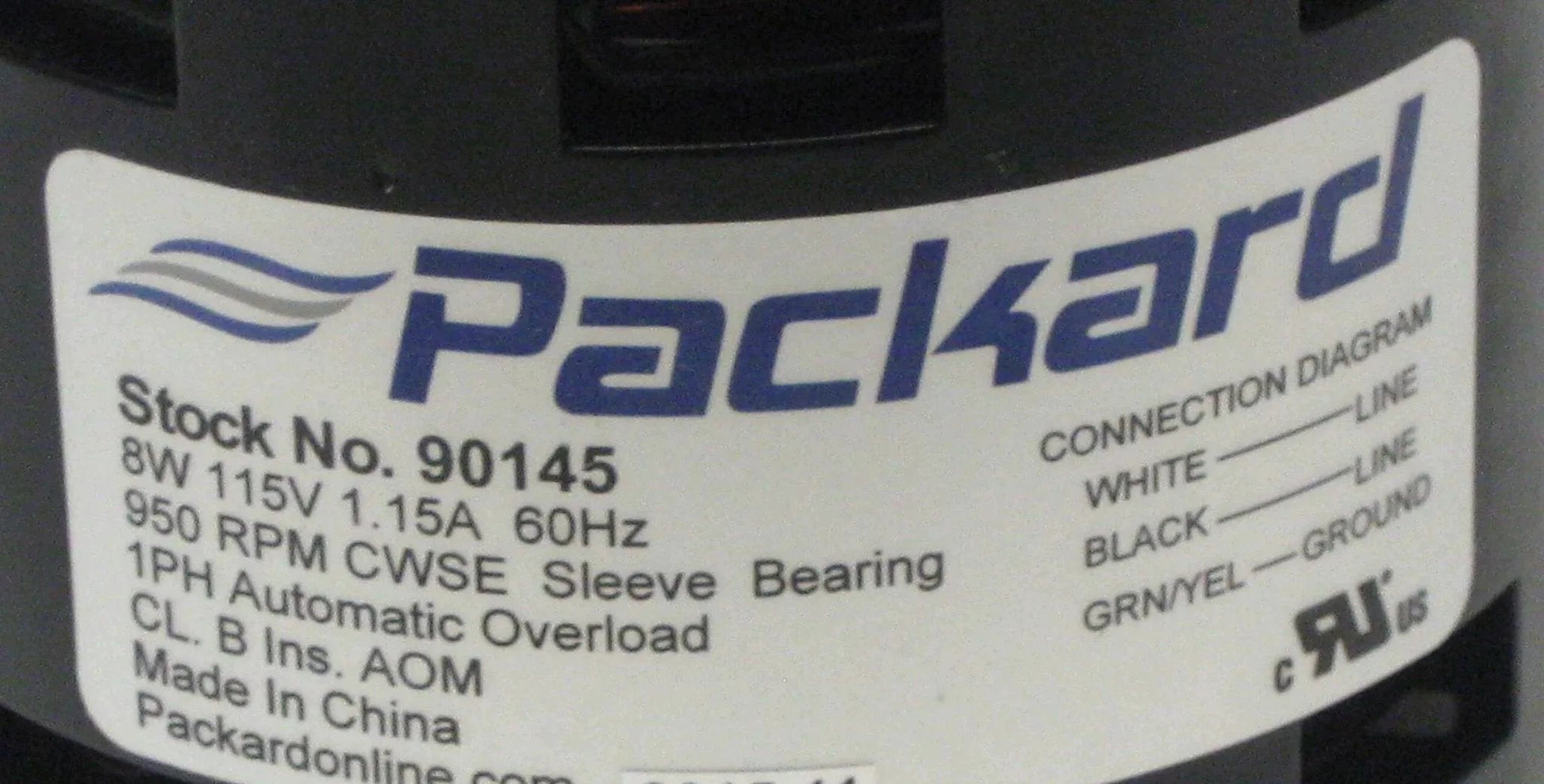 Label on Packard 90145 Motor for Greenheck 310145 detailing 8 Watt, 115/60 Volts, 950 RPM, CWSE specifications