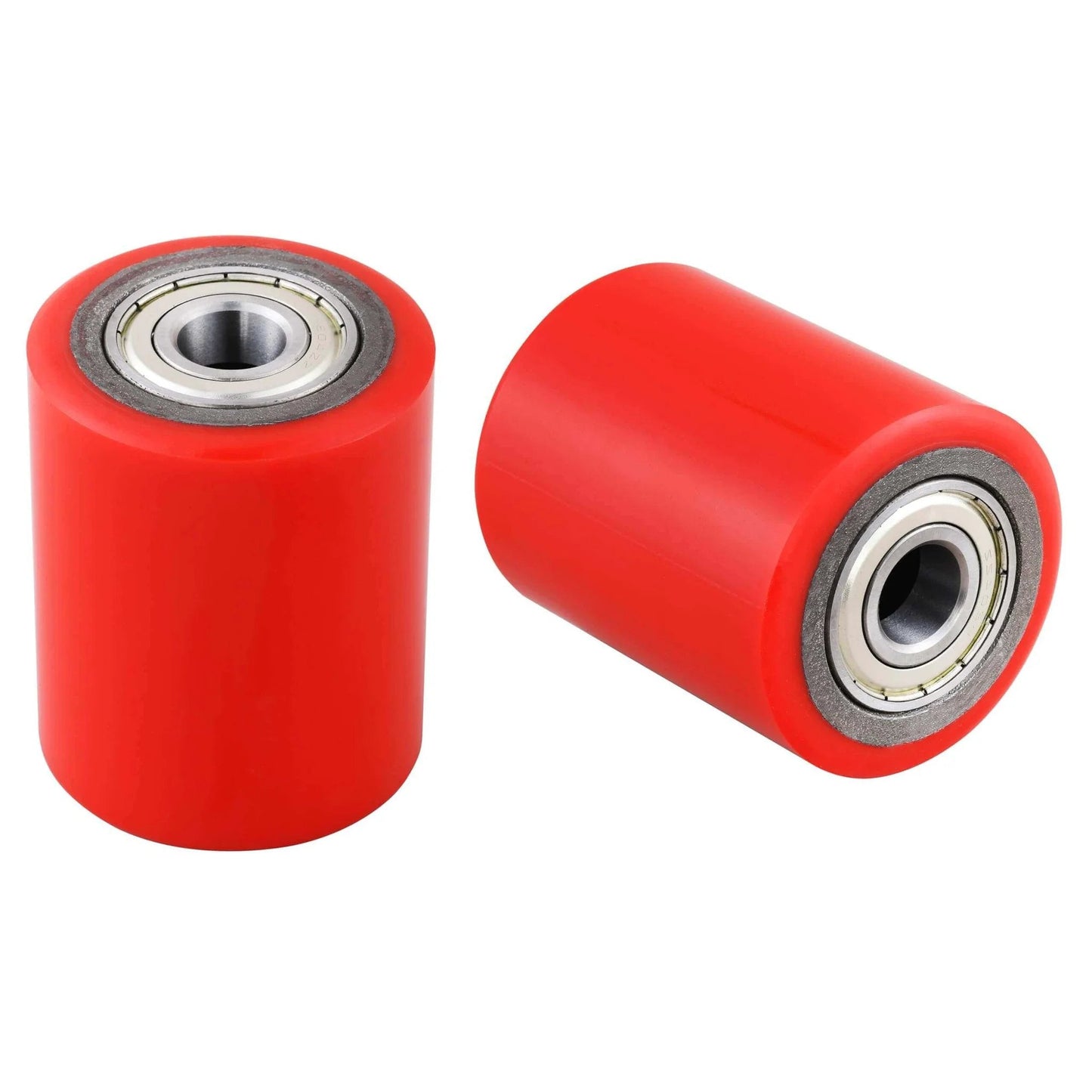 Pallet jack front load wheels pair 3 x 3.75 inch with PU tread, pre installed 20mm ID bearings, red polyurethane coating