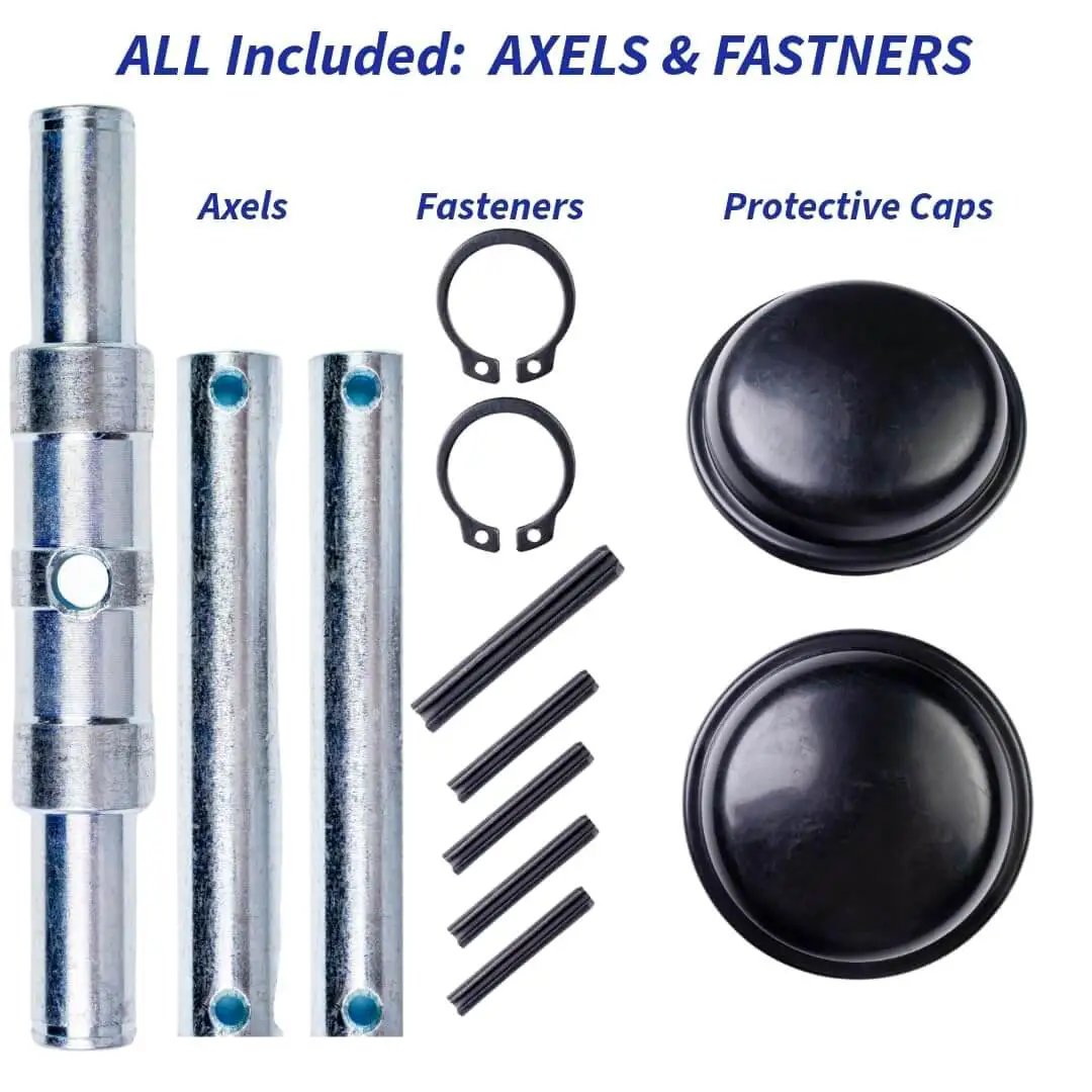 Premium Crown PTH50 Pallet Jack Wheel Replacement Kit featuring axles, fasteners, and protective caps for manual pallet jacks.