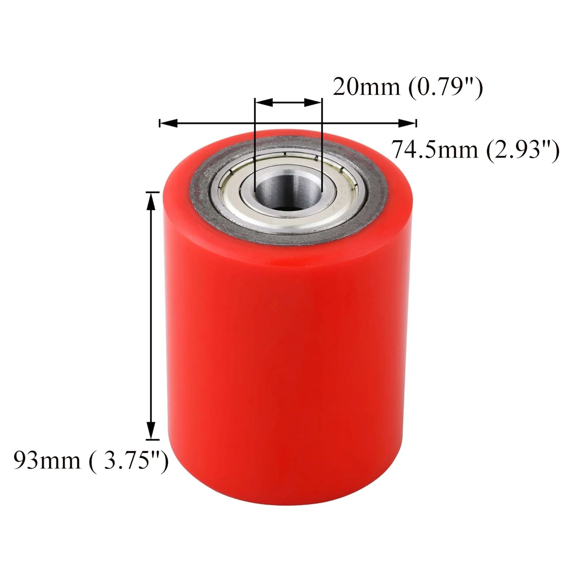 Pair of pallet jack load wheels 3 x 3.75 inch with pre installed bearings, 20mm ID polyurethane tread on cast iron, includes axles and pins