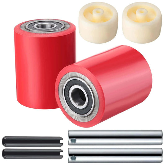 12 pcs pallet jack load wheels full set in red, 3 x 3.75 inch polyurethane on steel, includes 20mm ID bearings, axles, entry exit rollers and pins