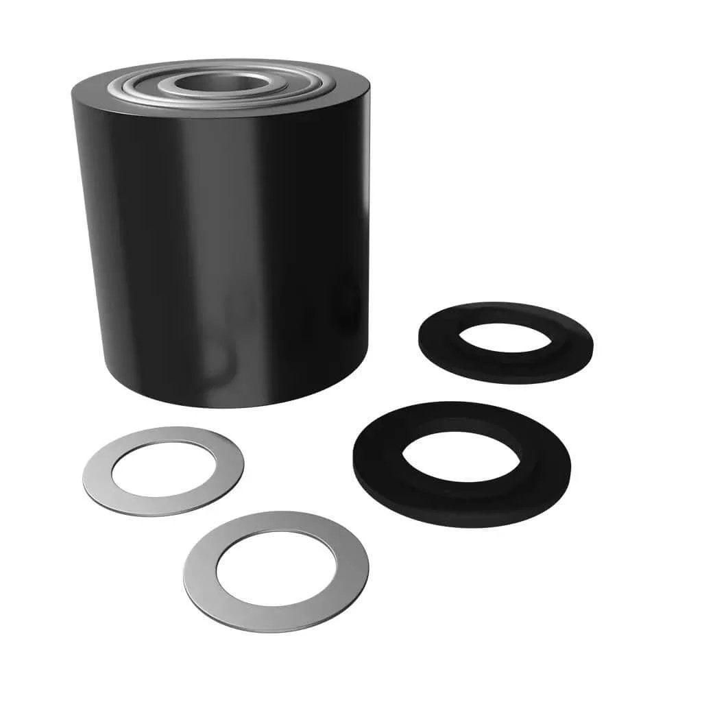 Pallet Jack Load Wheel with poly steel hub, 3 x 2.5 inch size, pre assembled with 20mm ID bearings and spacers, side view