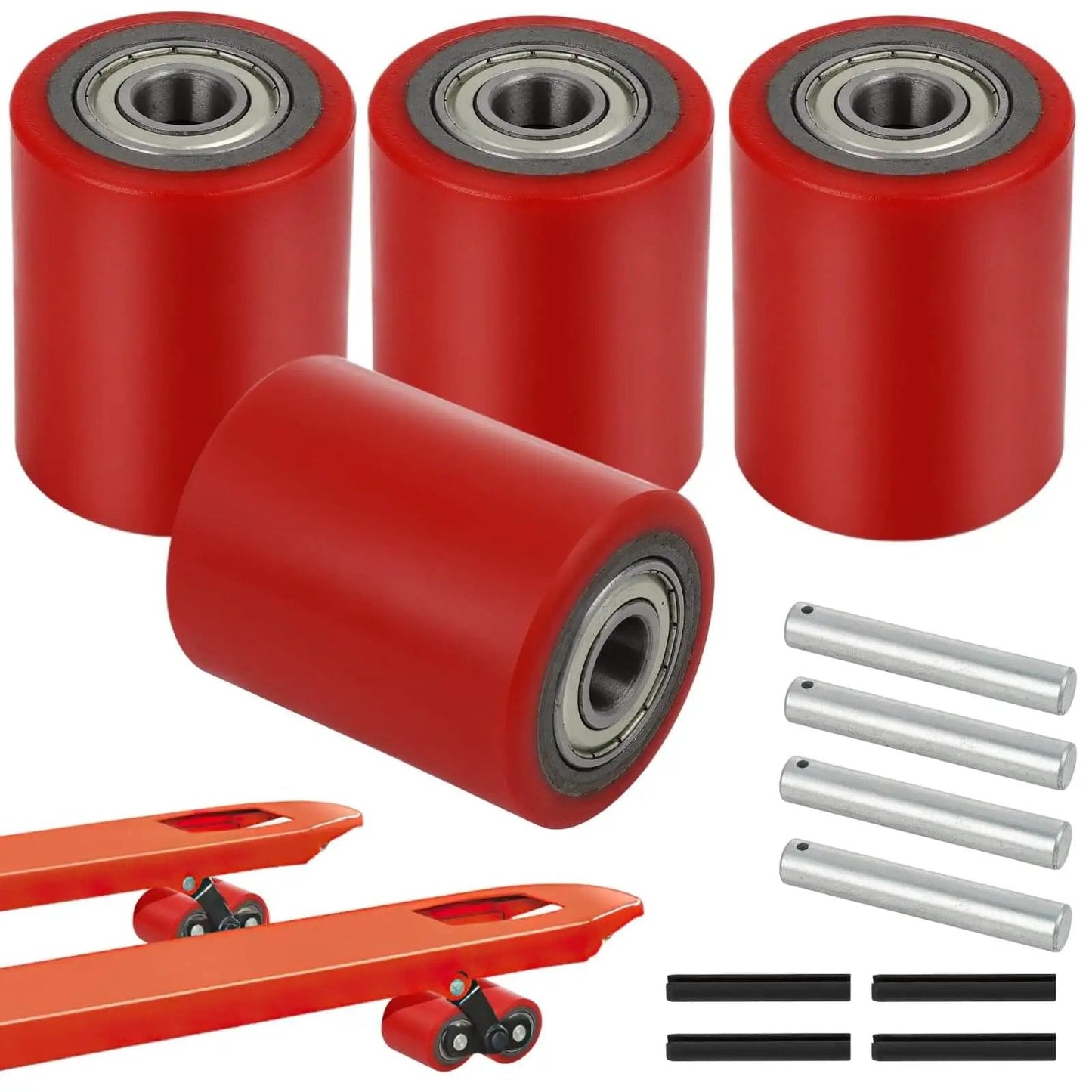Pallet Jack Load Wheel Set For Manual Pallet Jacks Replacement Rear Wheels 3 Inch By 3.75 Inch With 20mm Bearings, 4 Wheels, Axles, Pins