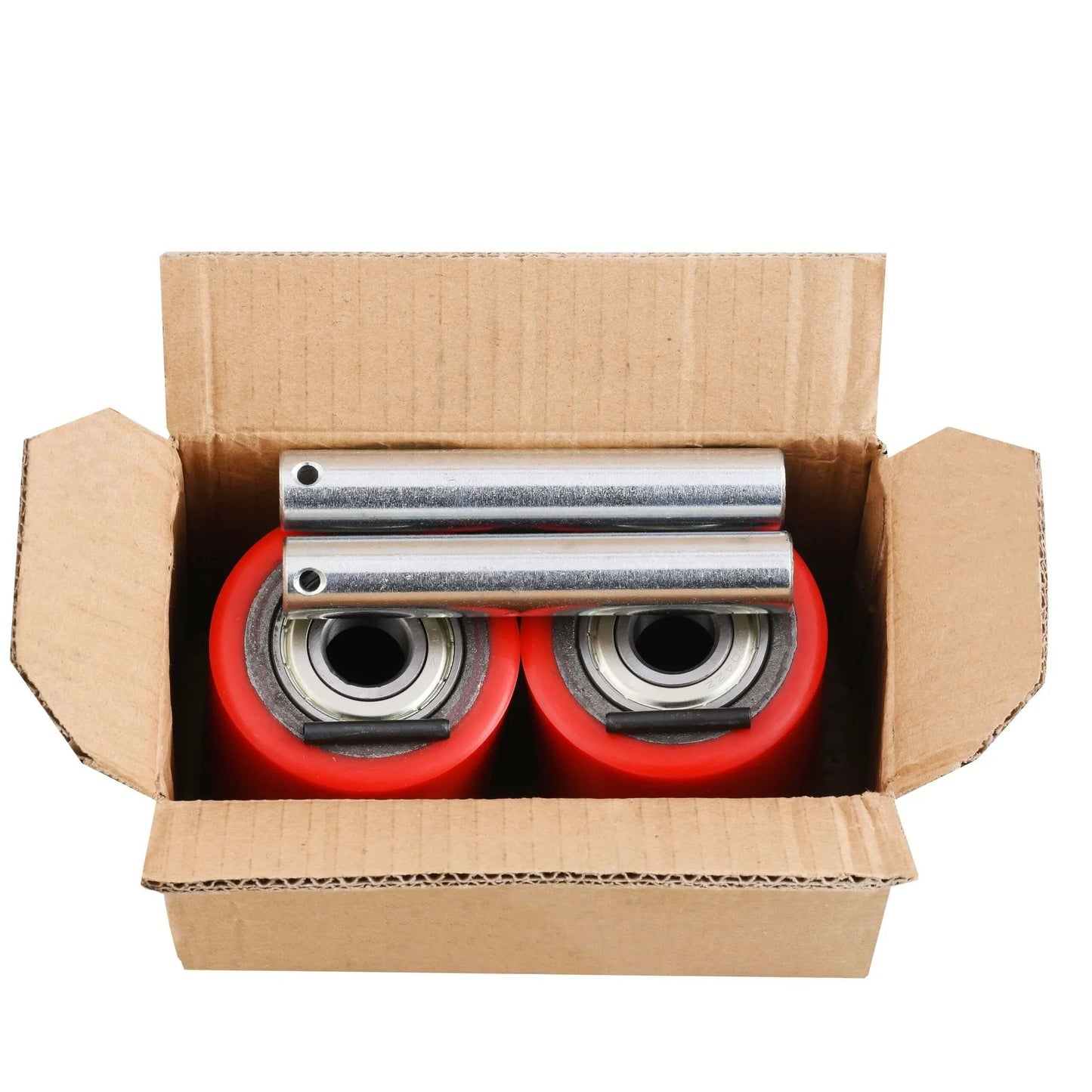 Pair of pallet jack load wheels 3 x 3.75 inch with pre installed bearings in box, includes axles and pins for replacement