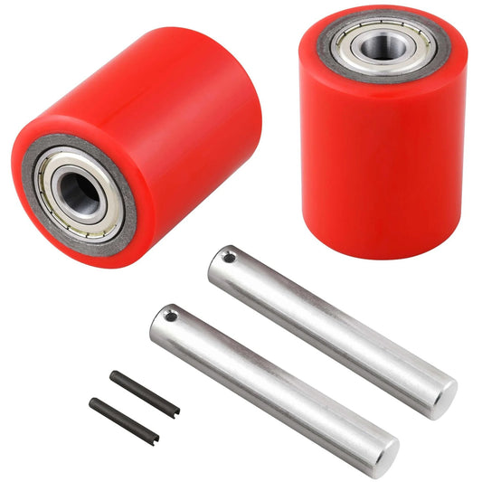 Pair of pallet jack load wheels 3 x 3.75 inch with pre installed bearings, shown with axles and pins, polyurethane on cast iron
