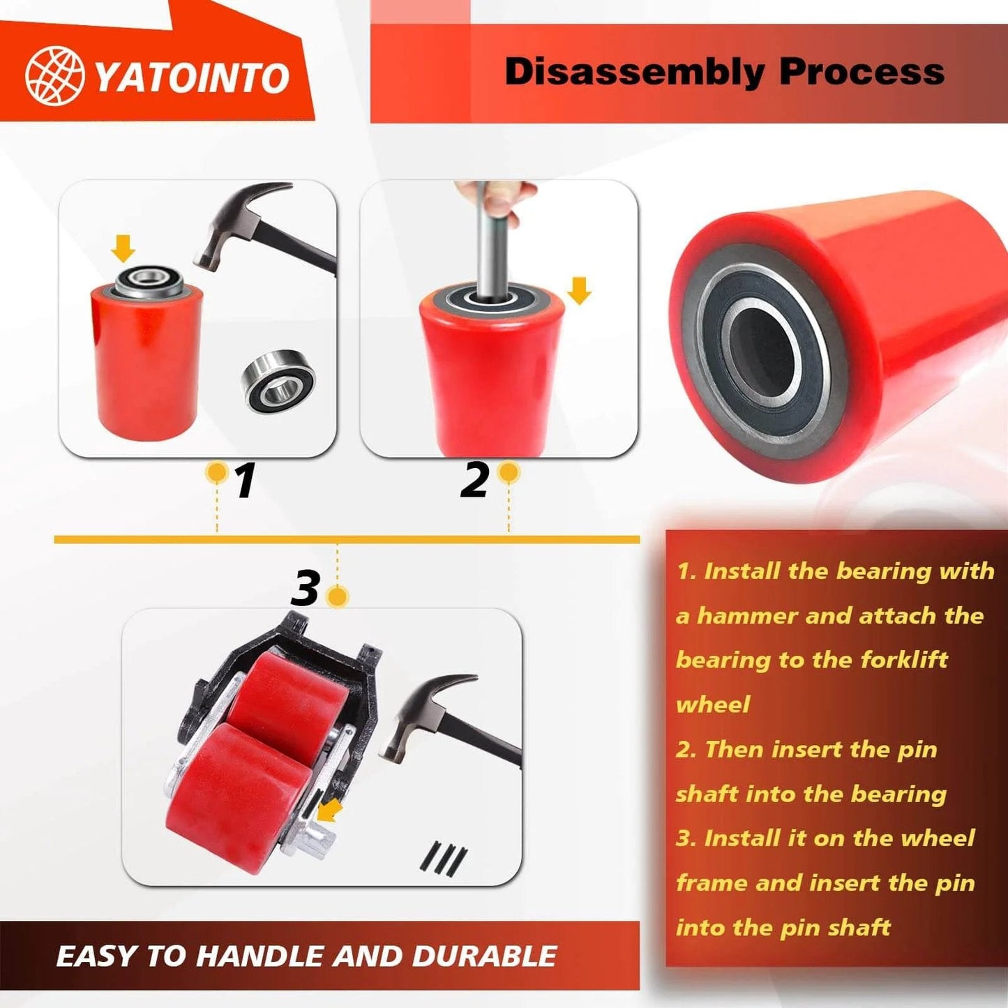 Assembly steps for pallet jack load wheels full set 3 x 3.75 inch with axles and entry exit rollers, red polyurethane load wheels.