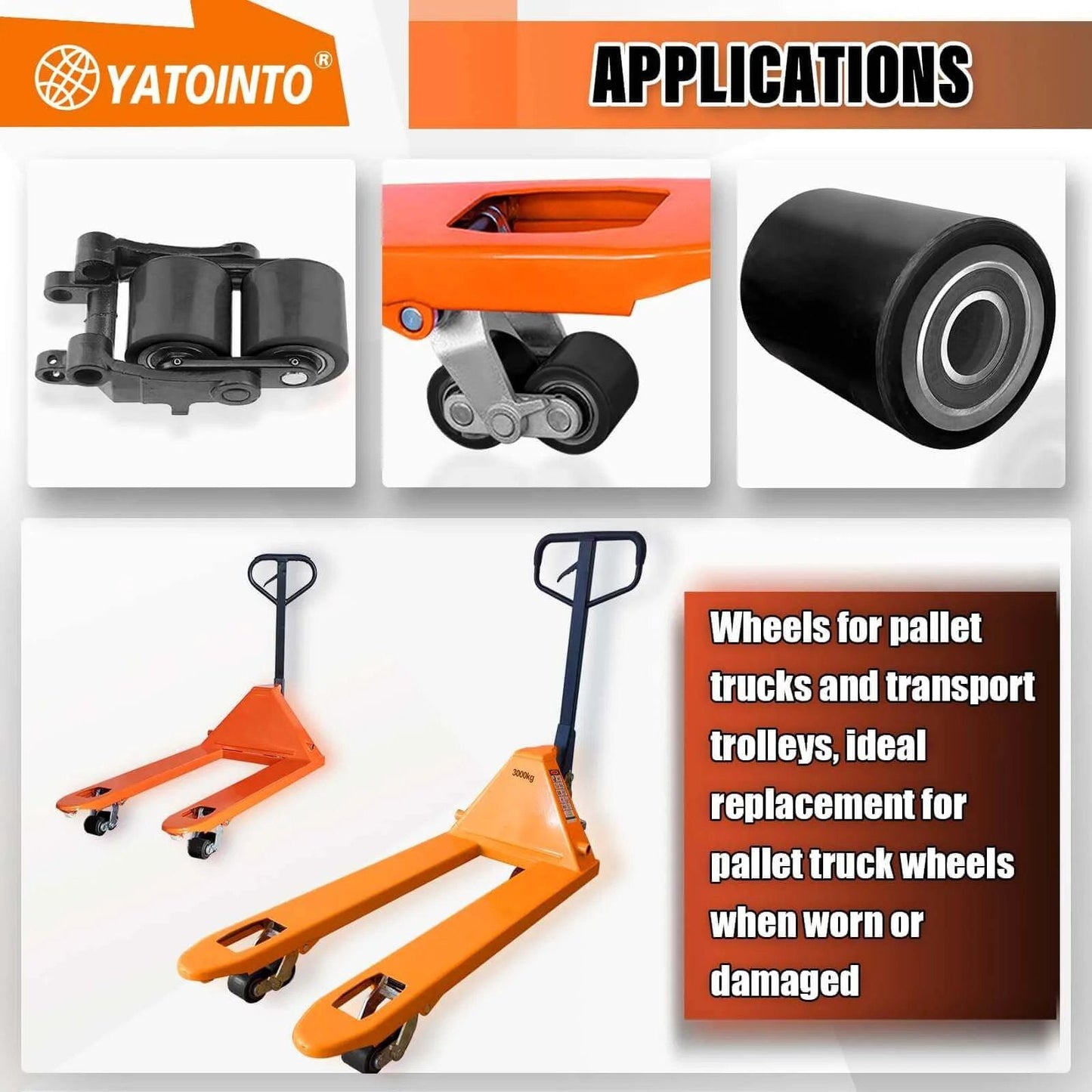 Application of pallet jack load wheels full set 3 x 3.75 inch with axles and entry exit rollers, black polyurethane load wheels kit