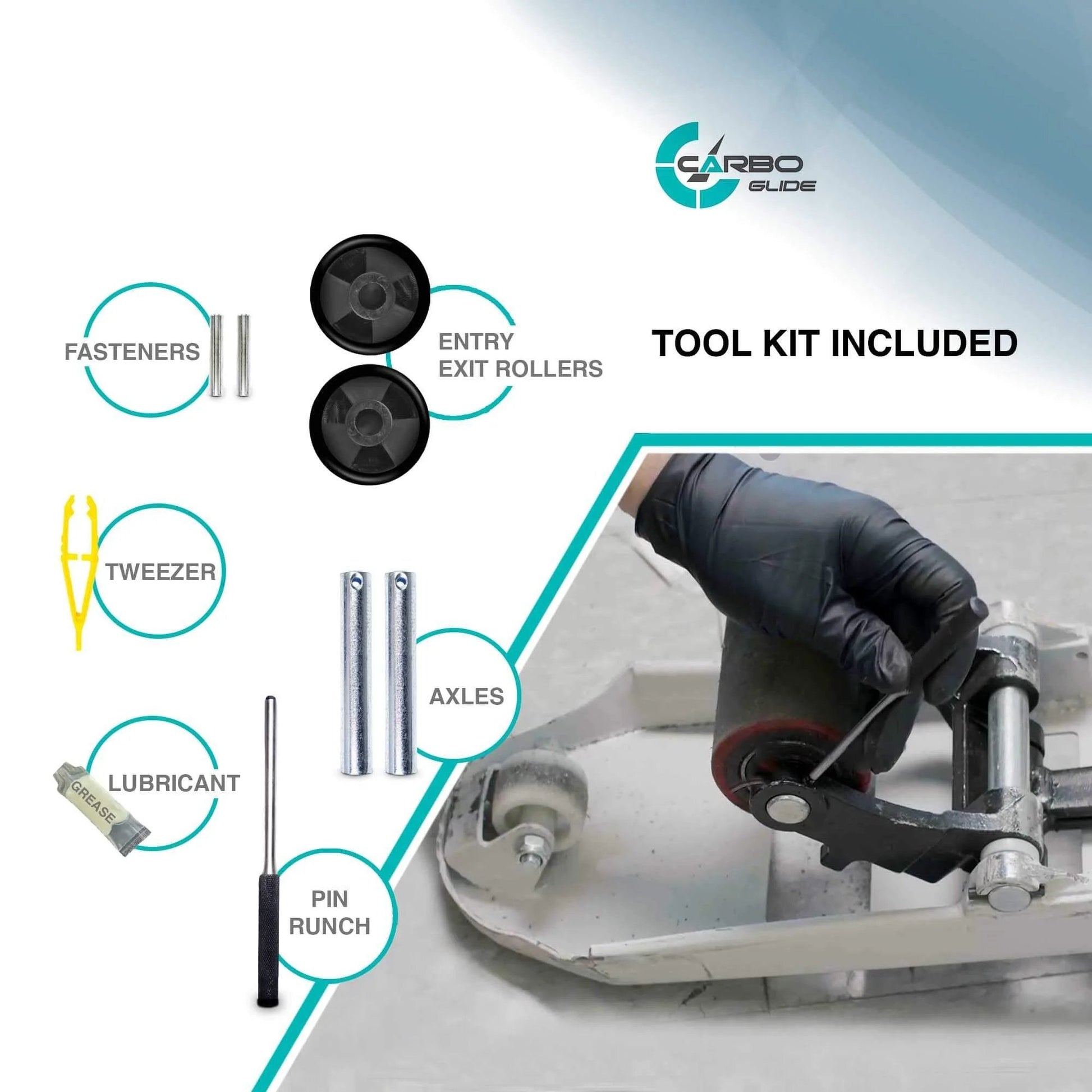 Pallet jack load wheels full set 3 x 3.75 inch with entry exit roller, kit components and installation tools included