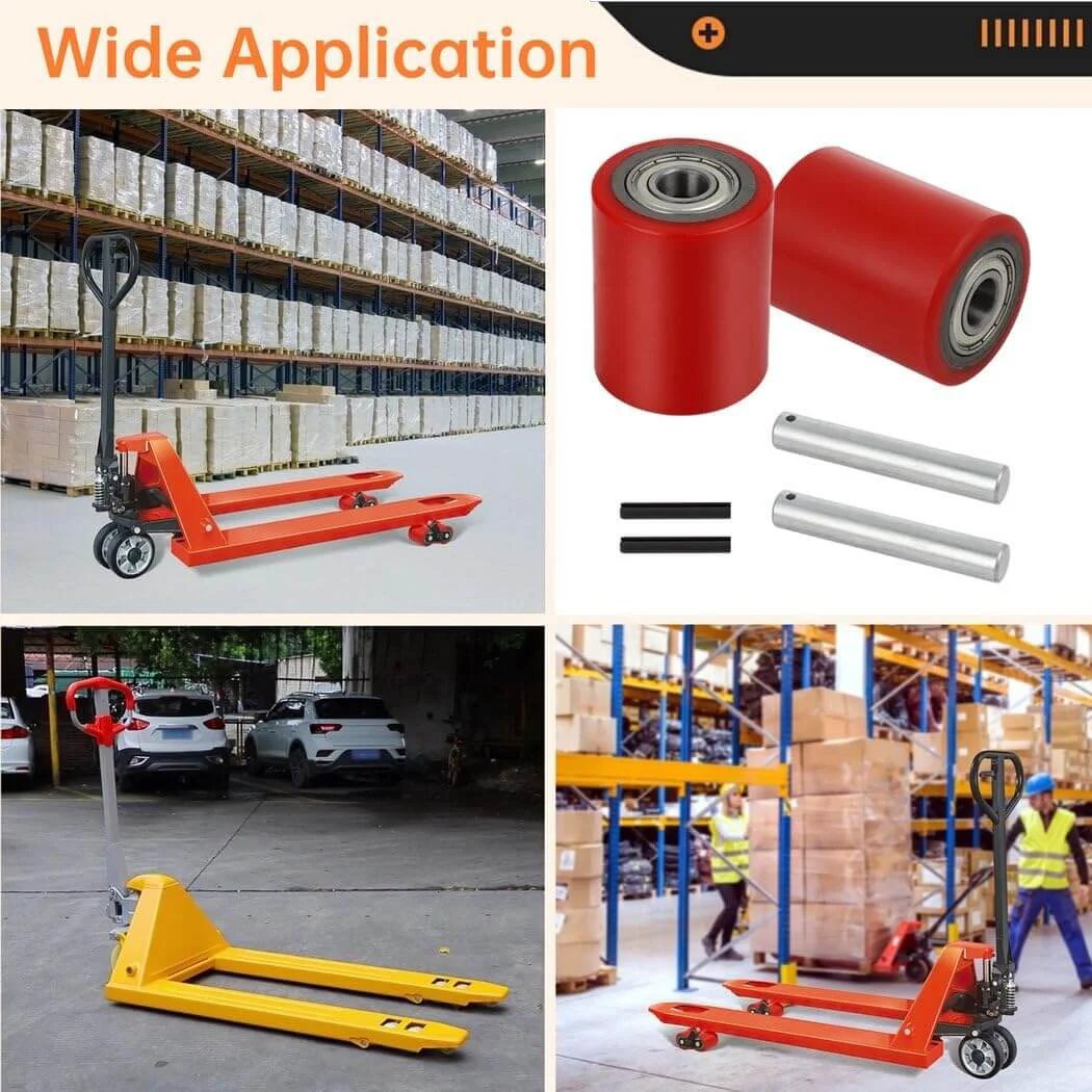 Image of 1 Pair Pallet Jack Load Wheels 3 x 3.75 inch with 20mm bearings, showing wheels, axles, pins, and application examples on pallet jacks