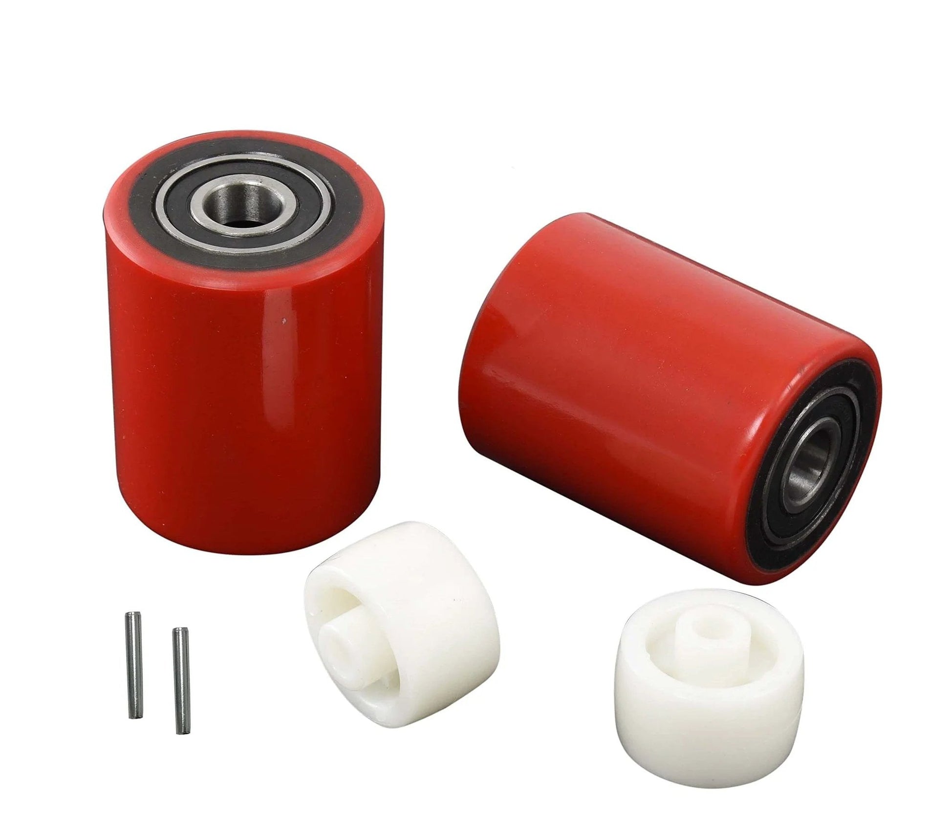 Pallet jack load wheels set 3 x 3.75 inch red polyurethane on steel with 20mm ID bearings and entry exit rollers, heavy duty replacement pair