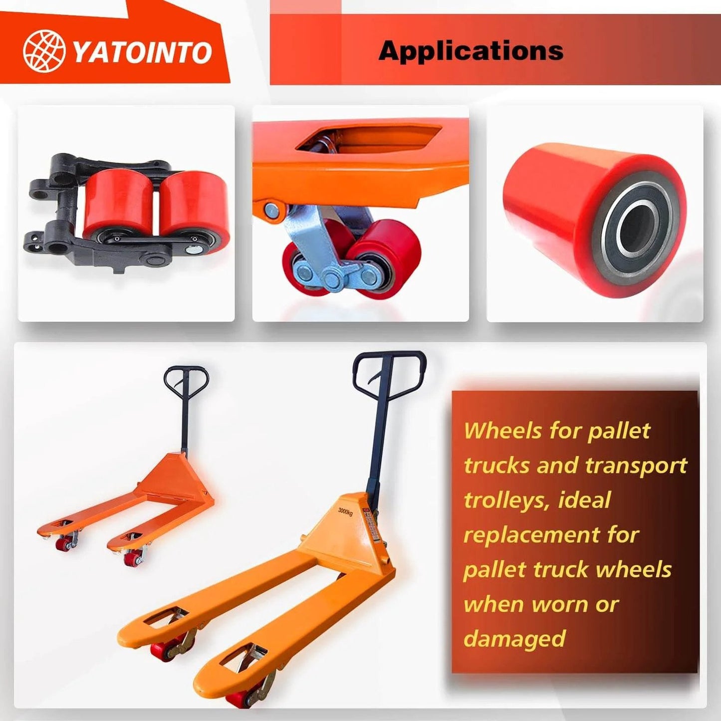 Pallet jack load wheels full set 3 x 3.75 inch with axles and entry exit rollers, red polyurethane load wheels kit for pallet trucks