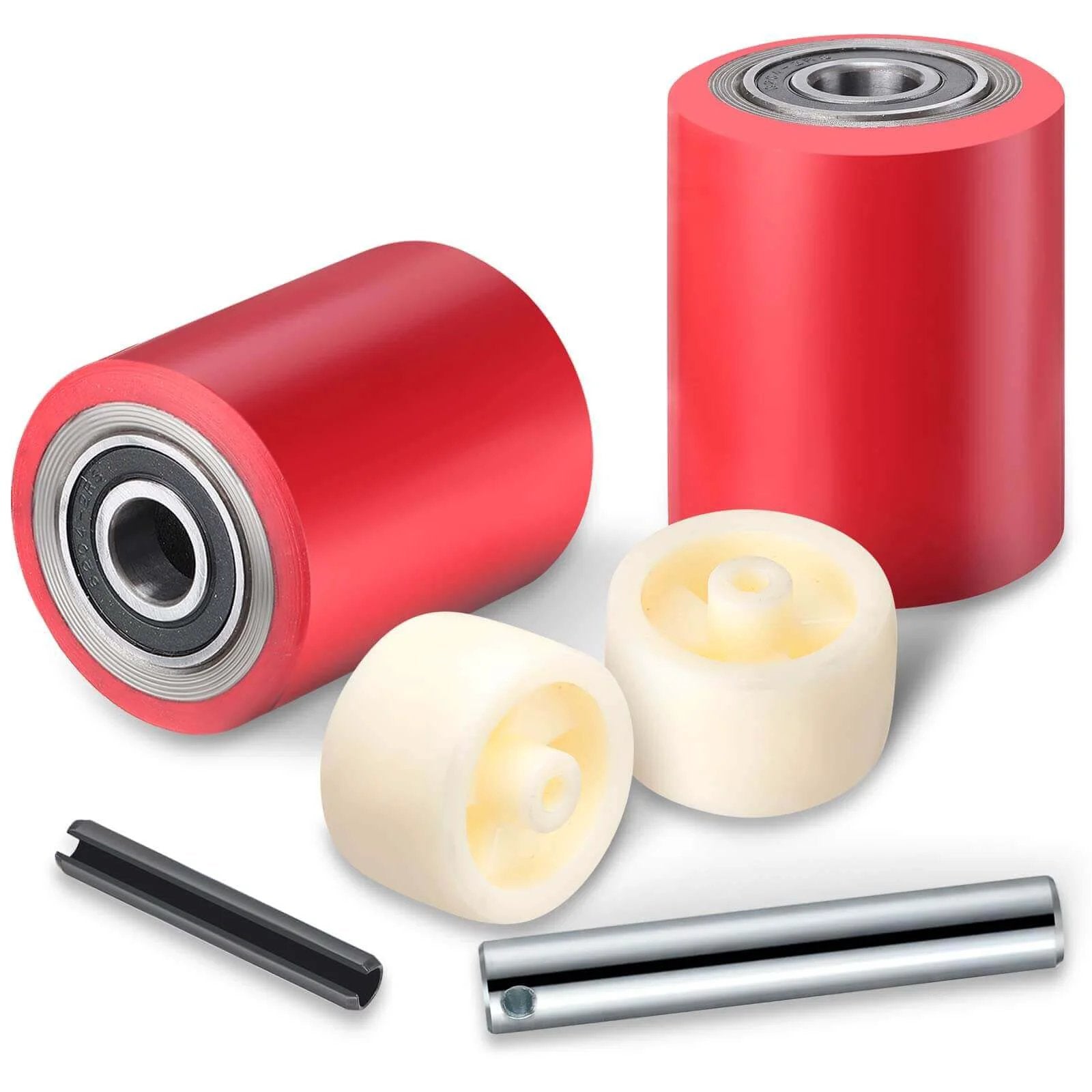 12 pcs pallet jack load wheels full set in red, 3 x 3.75 inch polyurethane on steel, includes 20mm ID bearings, axles, and entry rollers