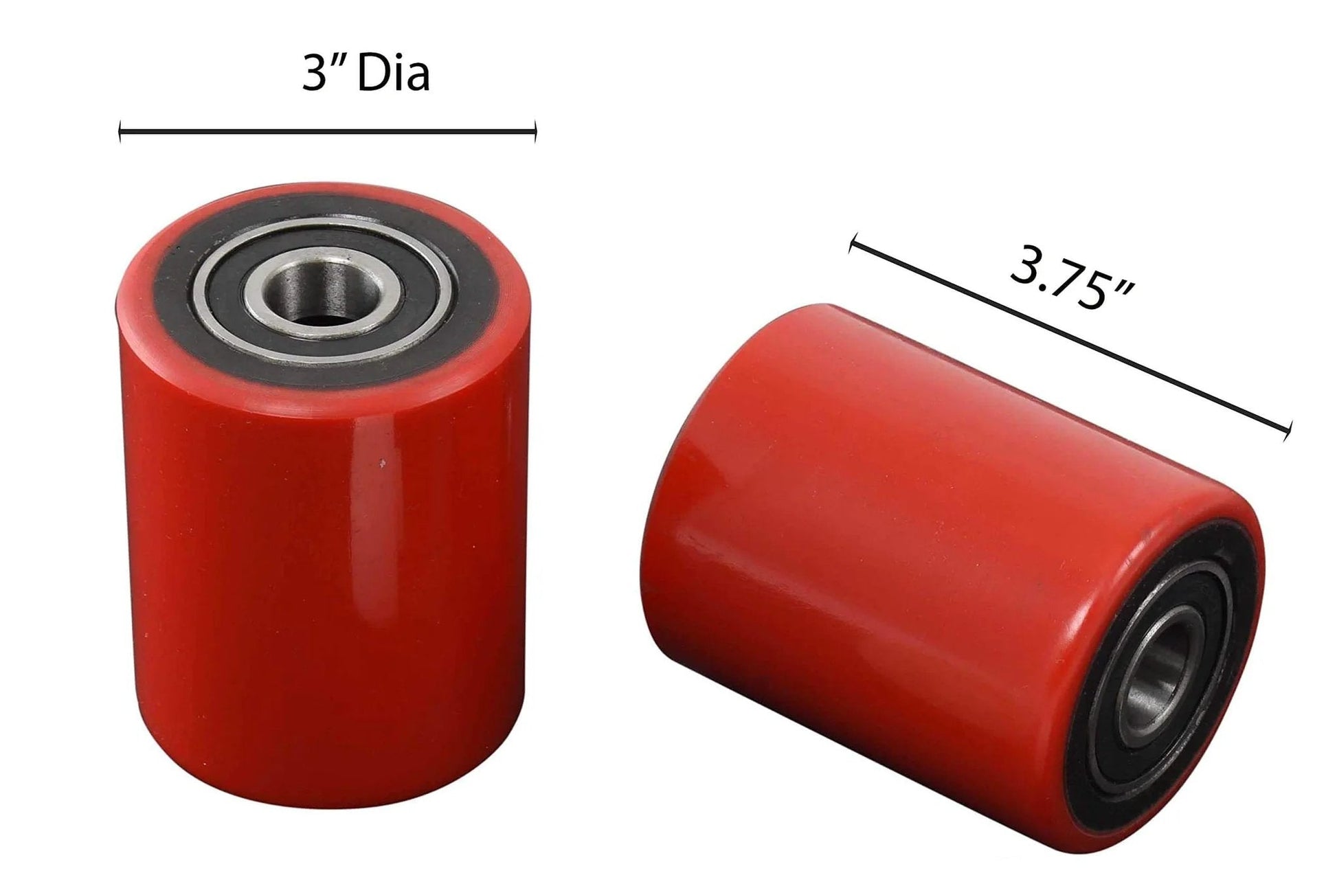 Pallet jack load wheels set 3 x 3.75 inch red polyurethane on steel, includes entry exit rollers and 20mm ID bearings, heavy duty