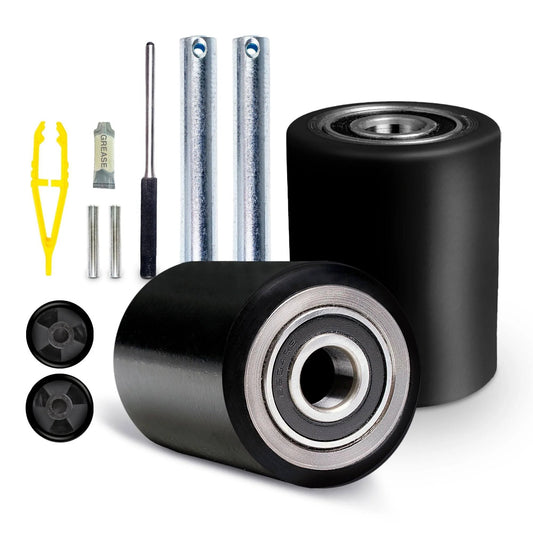 Pallet jack load wheels full set 3 x 3.75 inch with entry exit roller, black polyurethane tread on steel, 20mm ID bearings included