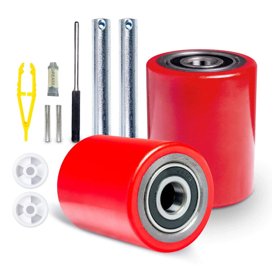 Pallet jack load wheels full set 3 x 3.75 inch with axles and entry exit roller in red polyurethane, 20mm ID bearings included