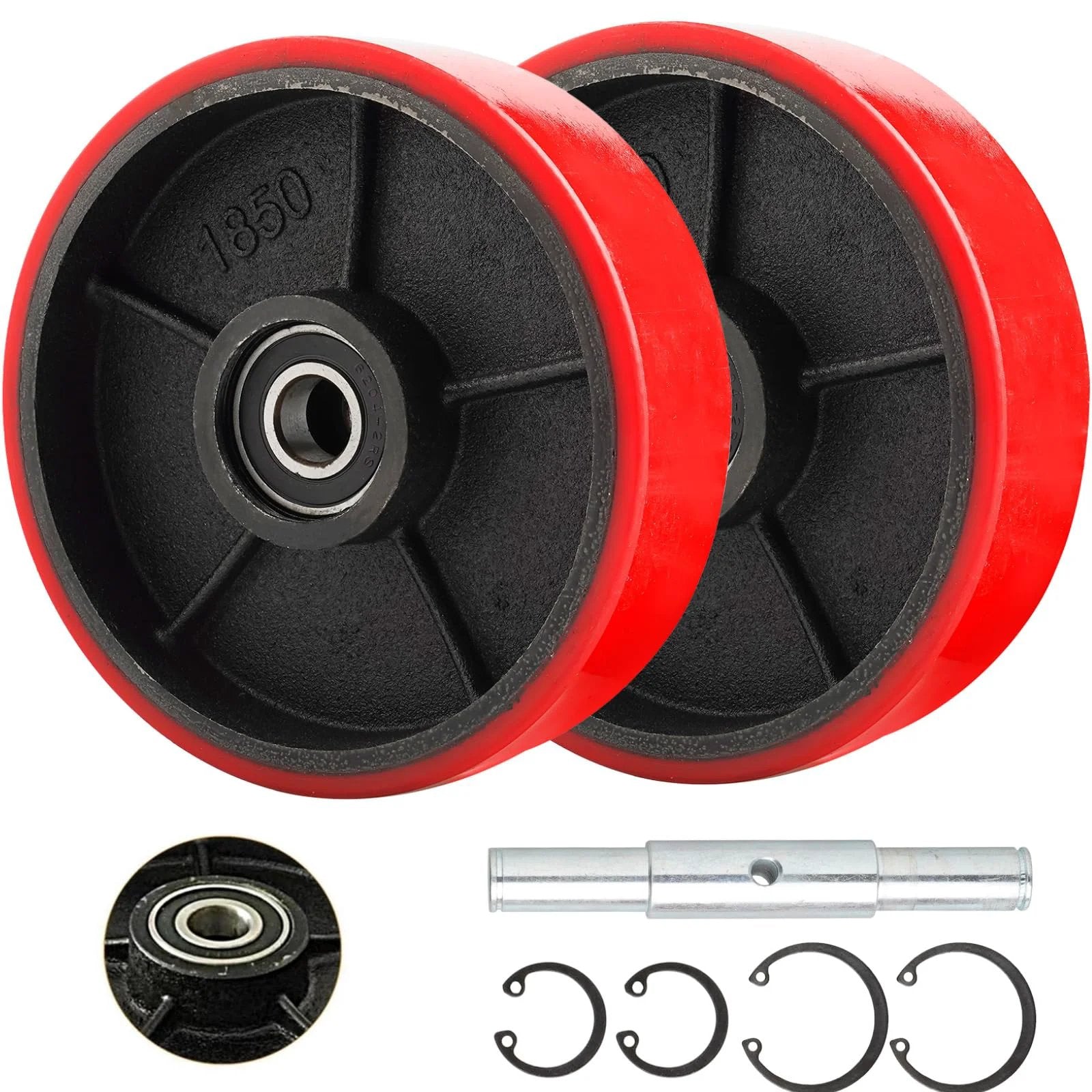 Pallet jack steering wheels 7 x 2 inch with 20mm ID bearings, polyurethane forklift replacement set, hardware included