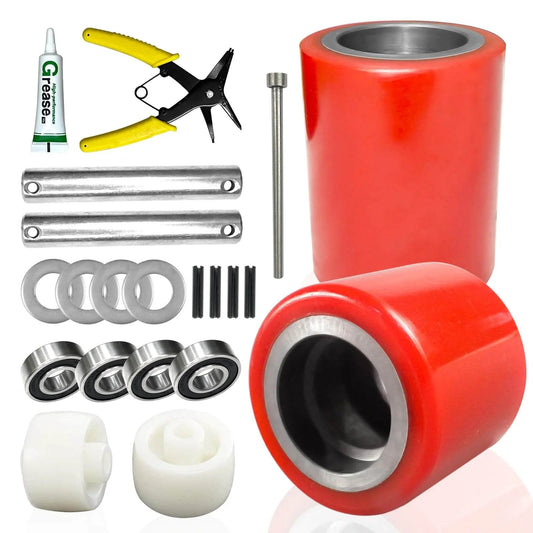 Pallet jack load wheels full set 3 x 3.75 inch with axles and entry exit rollers, red polyurethane load wheels kit with 20mm ID bearings, complete replacement set with hardware and tools displayed.