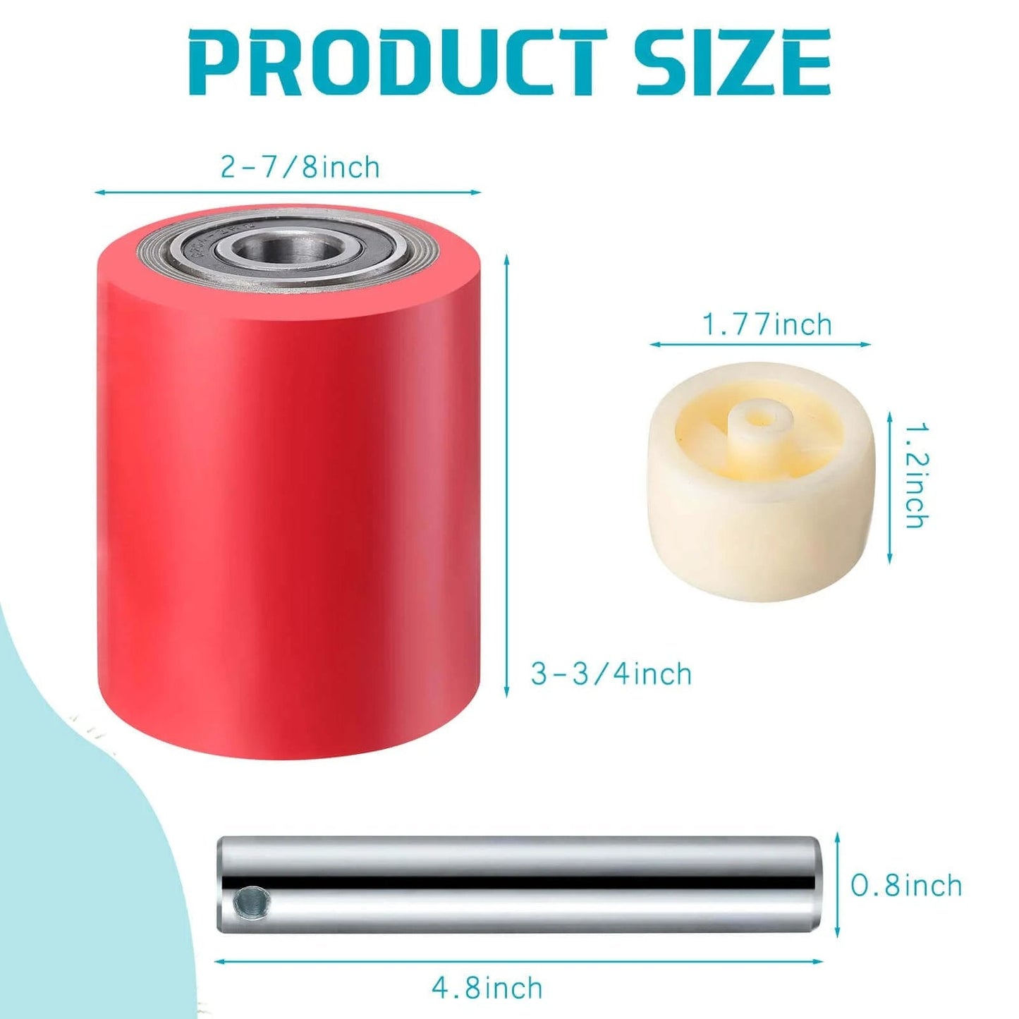 12 pcs pallet jack load wheels full set in red, showing dimensions with 3 x 3.75 inch polyurethane on steel, bearings, axles.
